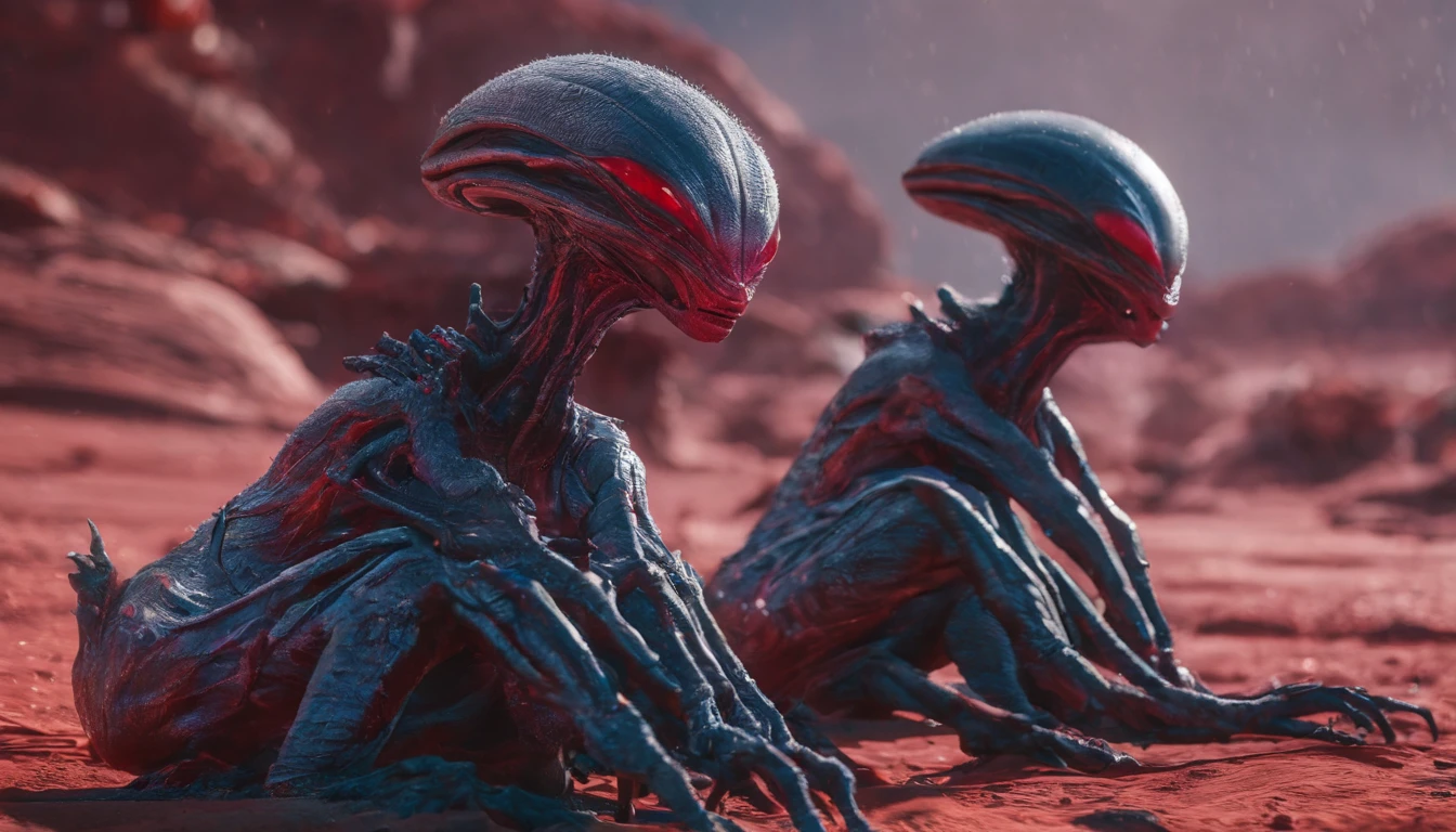 （Two aliens are planting a bright red alien plant on a barren planet1.3），A physique and appearance that is very different from that of humans，A real sense of oppression，Super textured，Super light and shadow，realisticlying，close-up all over the body，Peculiar skin texture，Cinematic photos，（Extremely refined details1.3）