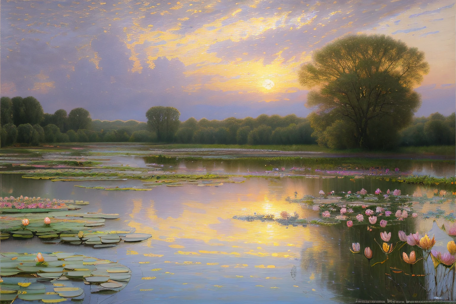 paysage, Eau cristalline,coucher du soleil, Water lilies,(Highly detailed CG Unit 8k wallpaper), The most beautiful work of art in the world, Professional majestic oil painting, complexe, High detail, mise au point nette, dramatique, Art of photorealist painting, Alma Tadema