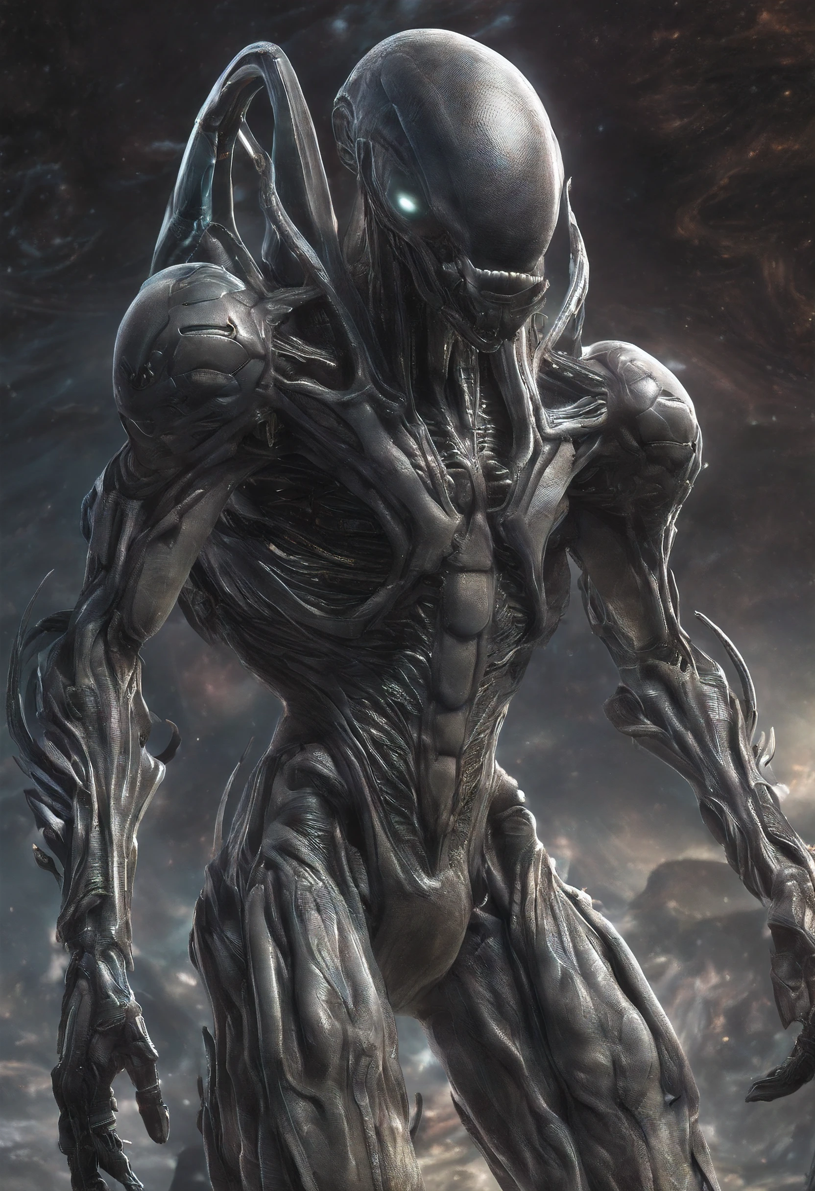 Two aliens on a barren planet alien plants，A physique and appearance that is very different from that of humans，A real sense of oppression，Super textured，Super light and shadow，realisticlying，close-up all over the body，Peculiar skin texture，
