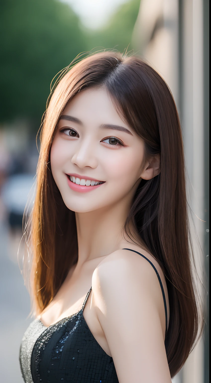 (highest quality、table top、8k、best image quality、Award-winning work)、one beautiful woman、25 years old、(Fixed front configuration:1.1)、(symmetrical configuration:1.1)、(Front photo from the chest up:1.1)、big and full breasts、(The most natural and perfect classy tops:1.1)、look at me and smile、(strongly blurred park background:1.1)、droopy eyes、natural makeup、Ultra high definition beauty face、ultra high definition hair、Super high-definition sparkling eyes、Super high resolution glossy lips、accurate anatomy、(very bright and vivid:1.1)