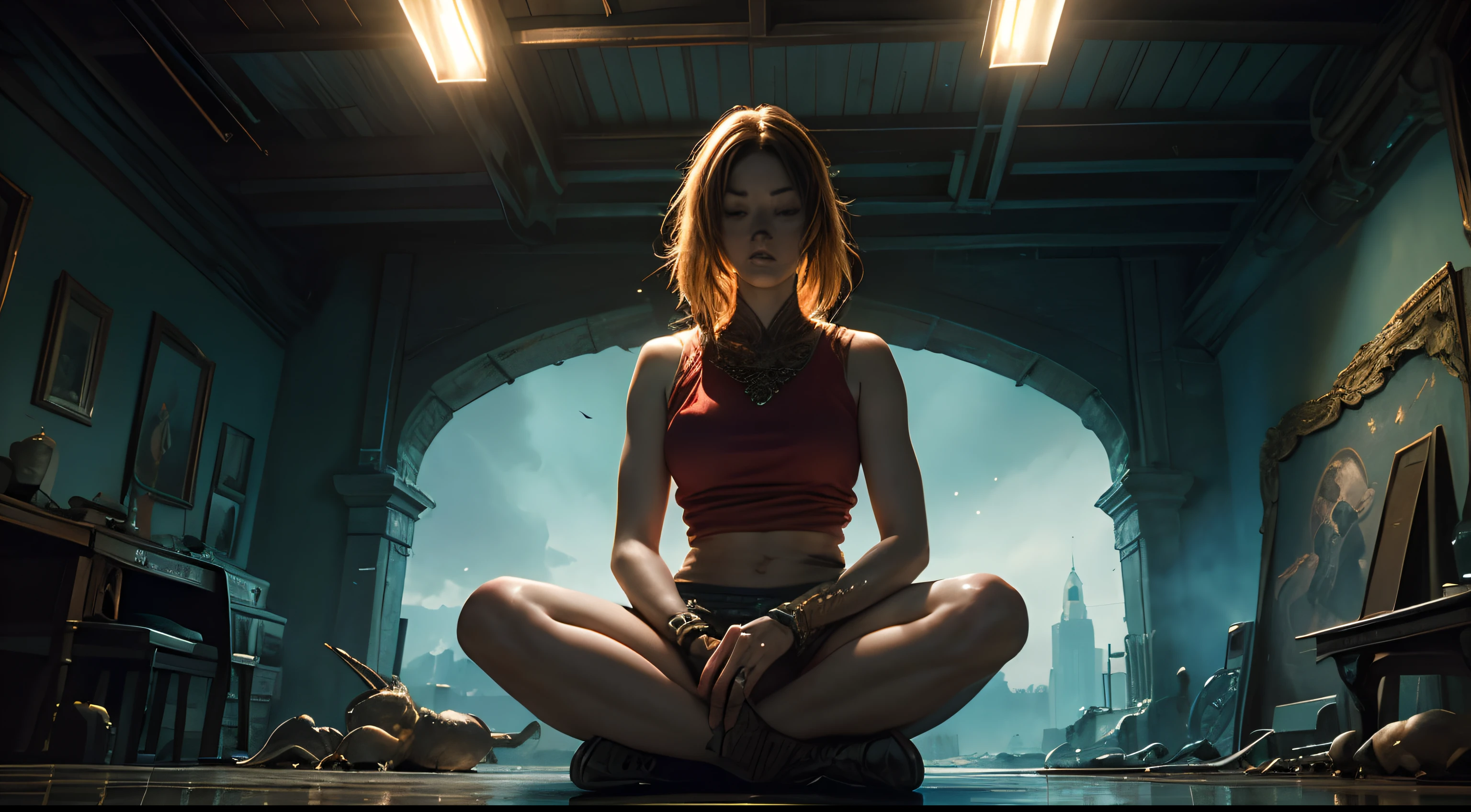 (masterpiece), (photorealistic:), (best quality), (intricate details), (8k), (HDR), (cinematic bright lighting), (sharp focus), best quality, Create an image of a person meditating on a stunning landscape, this art needs to have fantastic lighting