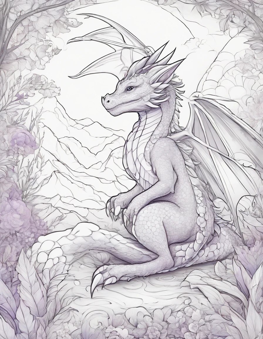 a coloring page of a baby dragon sitting on the ground, coloring pages, clean coloring book page, coloring book outline, coloring book page, cute little dragon, colouring pages, coloring book, line art colouring page, inspired by Saitō Kiyoshi, coloring page, a dragon with a hat, very cute purple dragon, coloring book style, black and white coloring