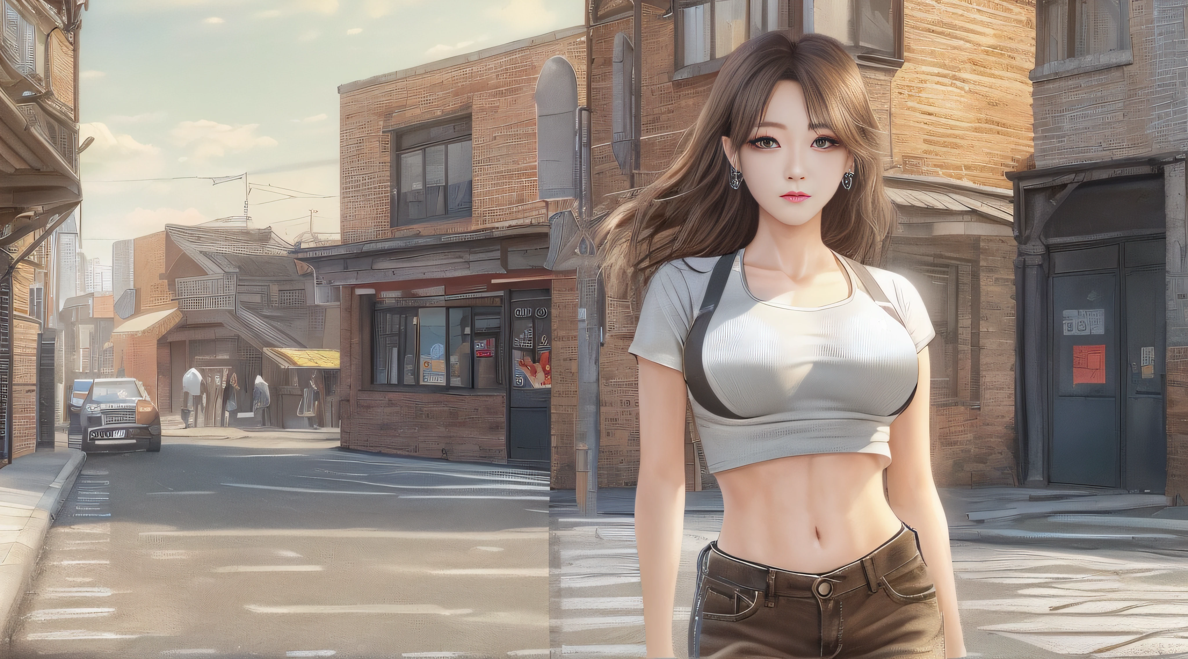 ((midynight, Need, 8K, tmasterpiece:1.3)), full bodyesbian, Long legs, Focalors:1.2, perfect figure beautiful woman:1.4, Slim abs:1.1, ((Dark brown hair, huge tit:1.2 )), (white tight t-shirt, Denim suspenders, standing on your feet:1.2), ((urban street scene, the roof:1.3)), Highly detailed facial and skin texture, A detailed eye, 二重まぶた