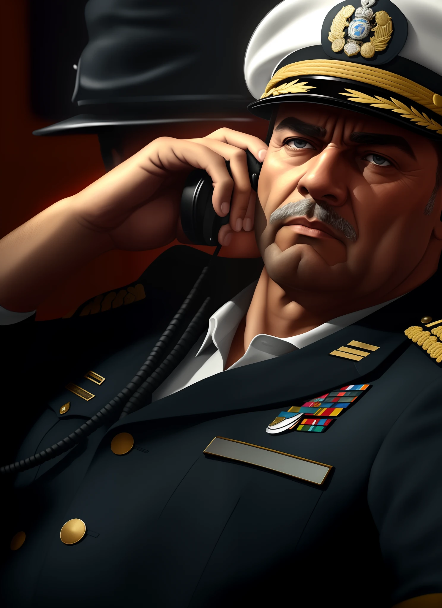 Homem de uniforme falando ao celular sentado em uma cadeira, hearts of iron portrait, Portrait style of iron hearts, Closeup do policial, an angry muscular army general, Arte militar, Retrato de um general louco, oficial, Sean Connery como Big Boss, Ultra Detalhe. Pintura digital, Price Range Col, Arte Digital, Arte Digital