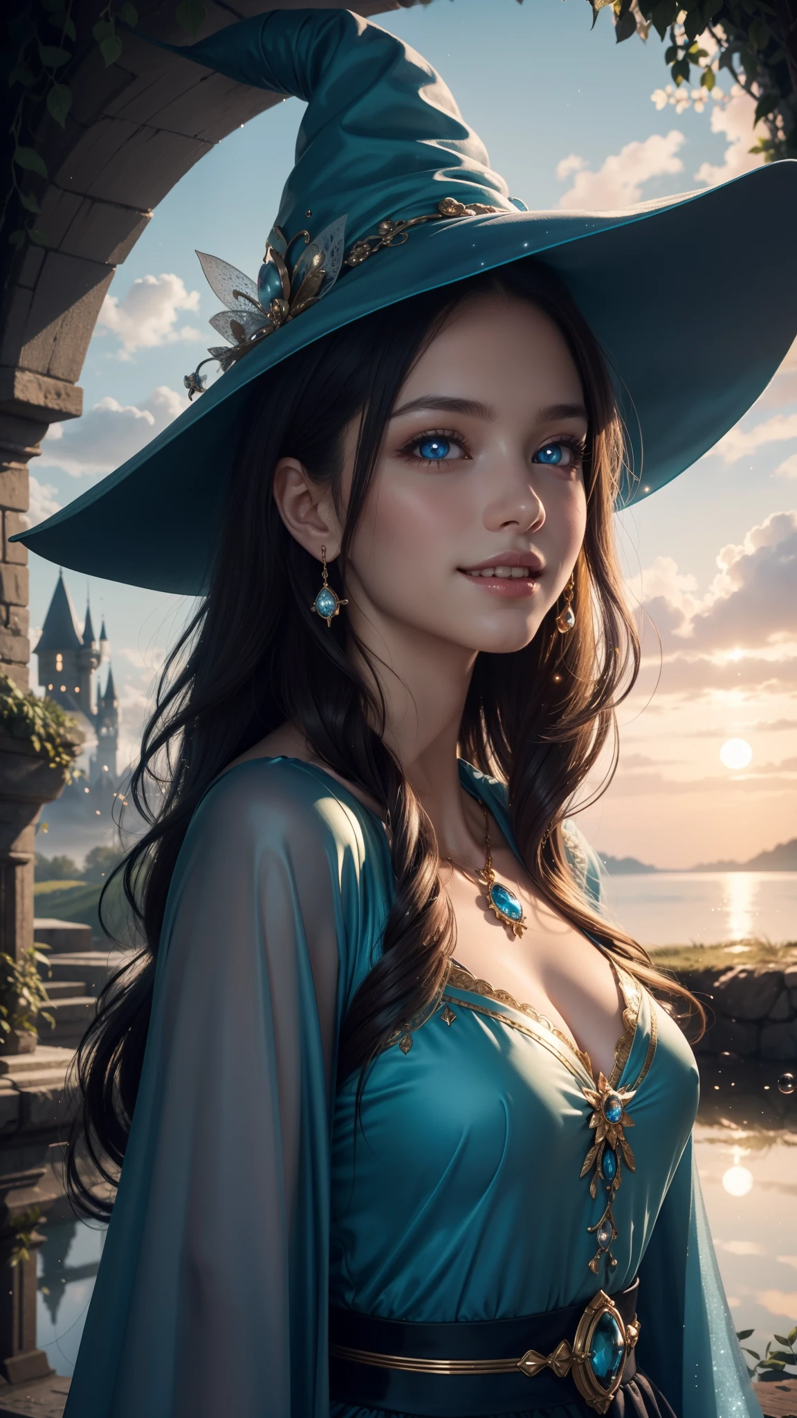 (best quality,4k,8k,highres,masterpiece:1.2), ultra-detailed, (realistic,photorealistic,photo-realistic:1.37), portraits, anime, fantasy, vibrant colors, soft lighting, cute detailed eyes, cute detailed lips, detailed clothing, magical atmosphere, sparkling effects, enchanting background, whimsical world, mystical elements, swirling clouds, whimsical dress, flowing hair, charming smile, delicate features, sparkling dragon, puddle reflection, beautiful witch hat, glossy finish, milk splashes, playful expression, magical girl, fairytale setting, glowing wand, ethereal aura, happy and innocent appearance, captivating composition, sugar-coated clouds, cheerful mood, mystical adventure, magical transformation, dreamy color palette, magical girl outfit, spellbinding scene, glowing eyes, enchanting sky