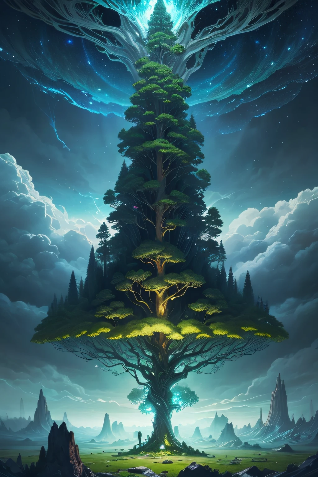 Illustration of a surreal, otherworldly, hyper sky scene including a giant crystal tree full body, highly detailed and magical lighting, intricate forest details, vegetation and surrounding river, solar punk, landscape, giant tree , beautiful green leaves, beautiful lighting and realistic proportions, as if this is a movie background, 8k, highest quality, masterpiece, clouds and stars in the sky.