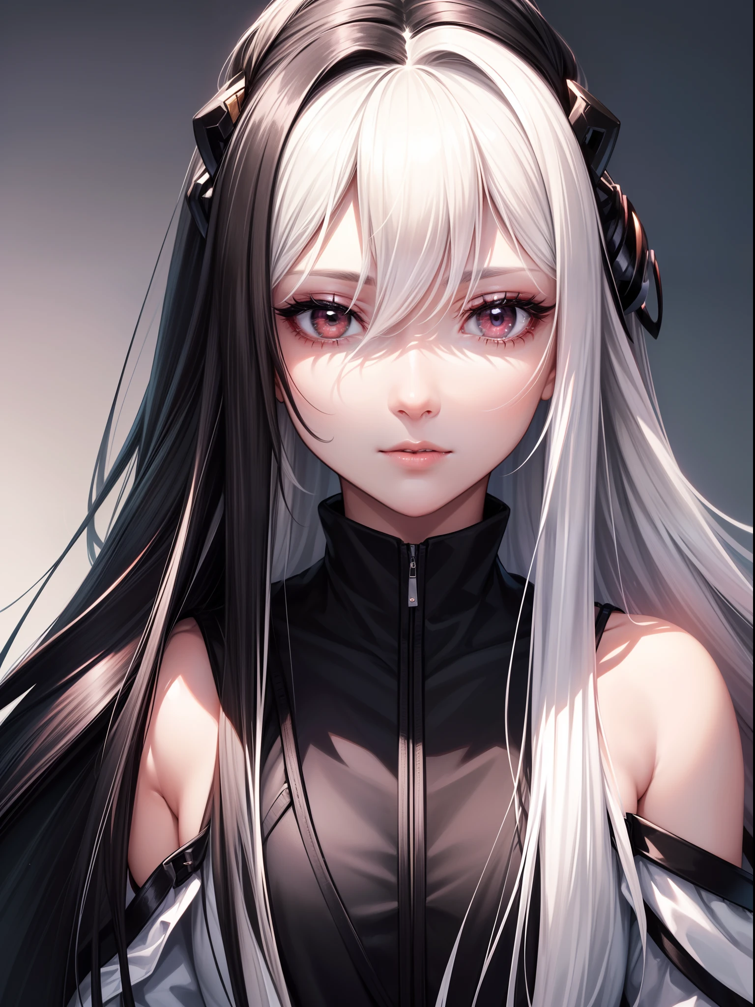 Beautiful girl, long hair, ((Half of her left hair is black, half of her right hair is white)), ((left eyes, black color)), ((right eyes, white color)), 8k, realistic, ultra details