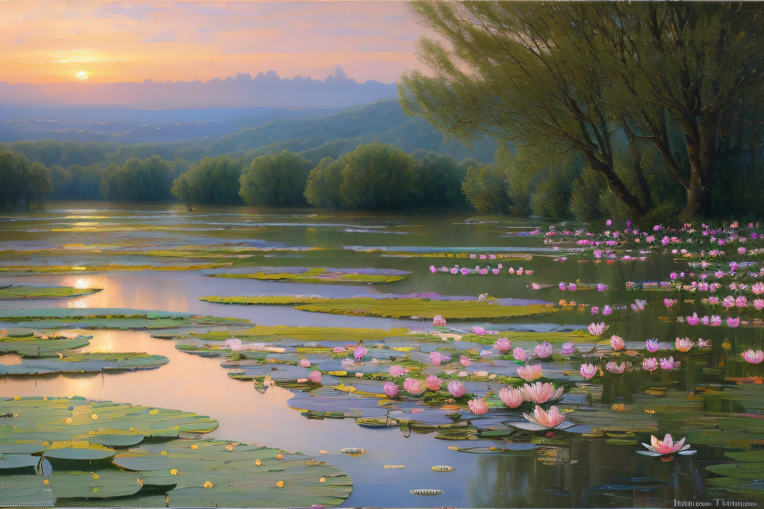 paysage, Eau cristalline,coucher du soleil, Water lilies,(Highly detailed CG Unit 8k wallpaper), The most beautiful work of art in the world, Professional majestic oil painting, complexe, High detail, mise au point nette, dramatique, Art of photorealist painting, Alma Tadema