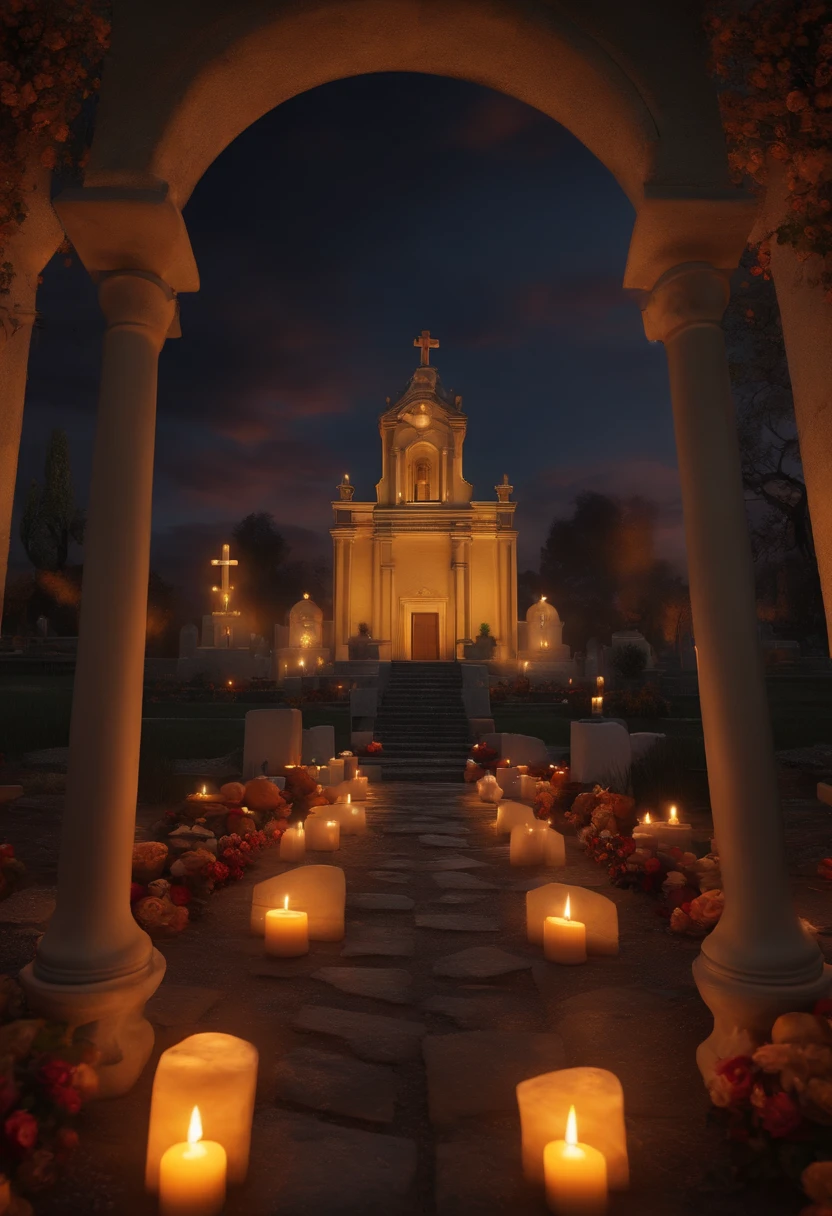 A realistic background without people dia de las muertos nigth with candles lights with mexican skulls cemetery front view