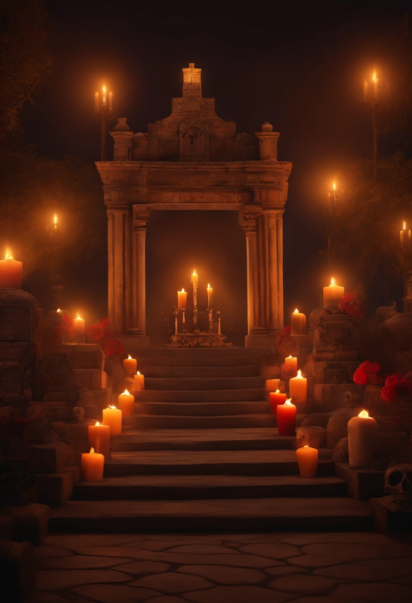 A realistic background without people dia de las muertos nigth with candles lights with mexican skulls cemetery front view