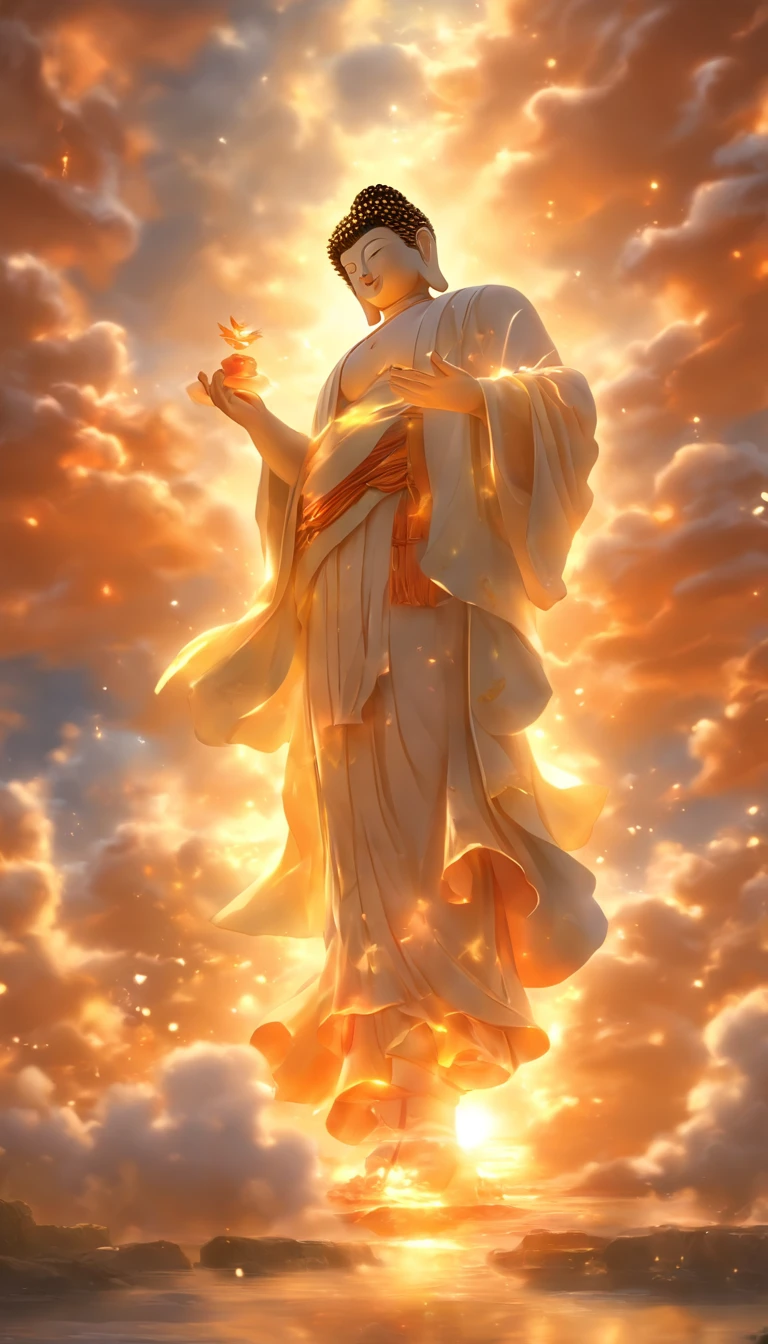 ((Meisterwerk)),(best quality)),Im Porzellan-Stil,am Himmel, Die Wolken bilden eine riesige, transparente, bright white jade maitreya Buddha statue,dicke Wolken,Die Sonne scheint,Pilger unterwegs,hyperrealistisch,Ultra-Foto-Realisim,Echte Photographie,8K,hight resolution,High quality,Werke von Meistern,superfein,(((OC-Renderer)))