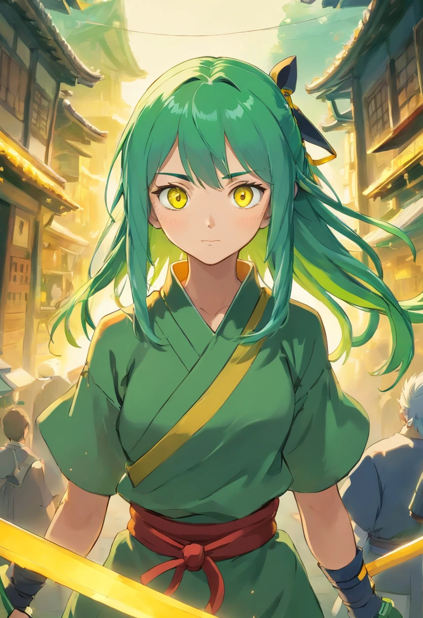 Anime ninja girl with green hair and yellow eyes