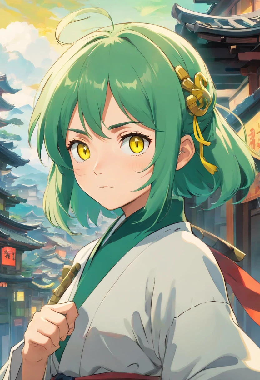 Anime ninja girl with green hair and yellow eyes