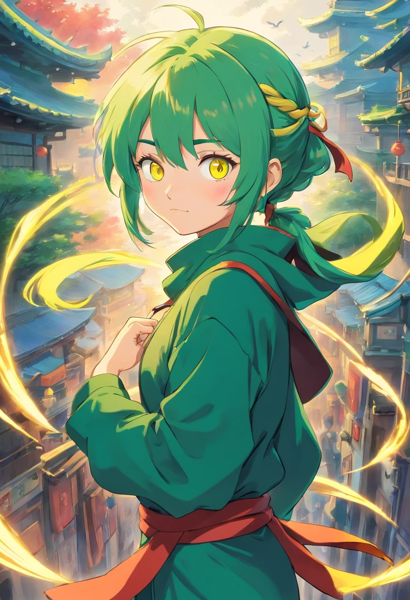 Anime ninja girl with green hair and yellow eyes
