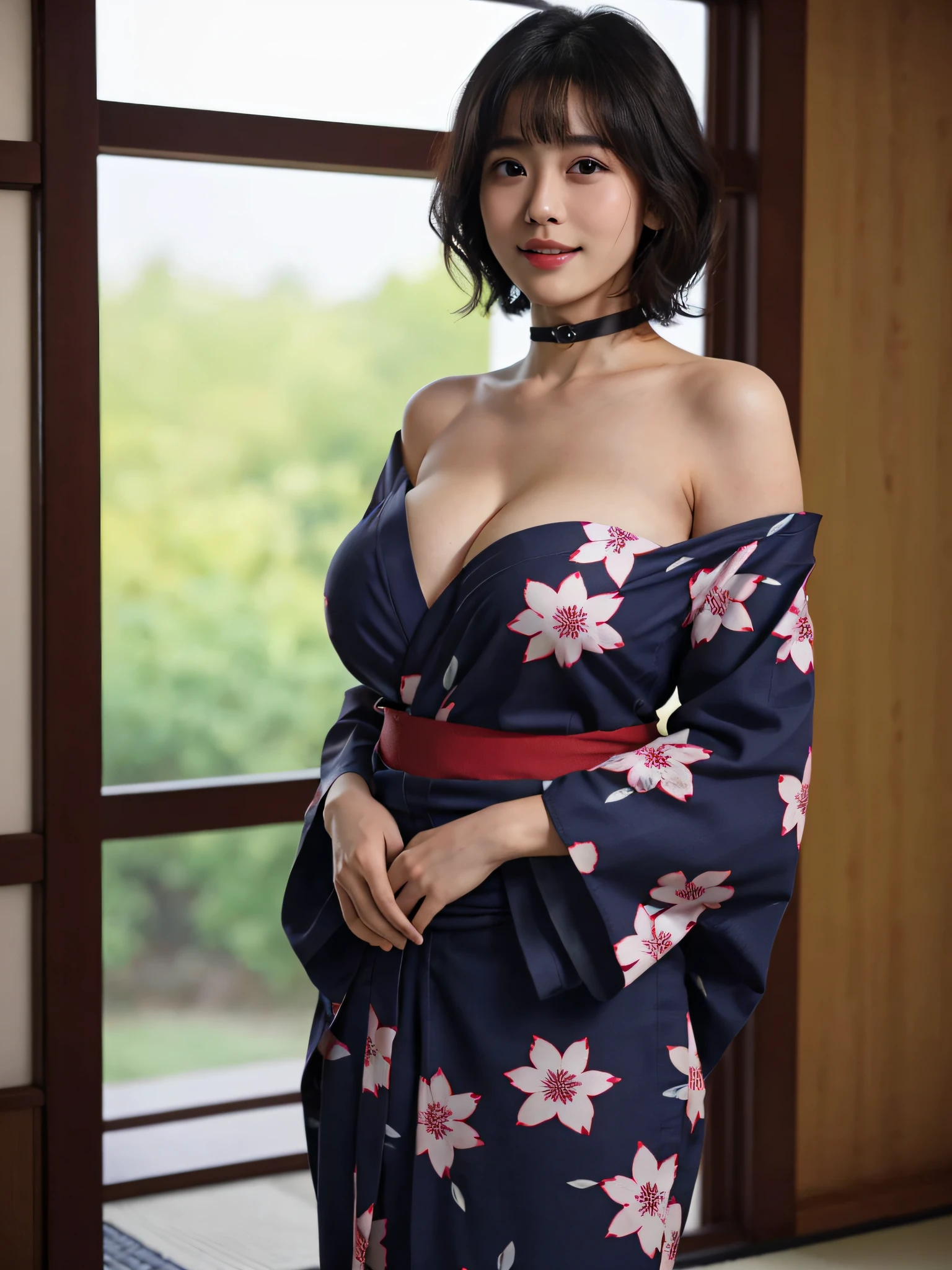 masutepiece, Best Quality, hight resolution, 1girl in,
(Japanese beautiful girl:1.2),
Professional Lighting, Physically-based rendering, Very cute,
messy long hair,
wavy bob,
over shoulder,
swept bangs,
big eyes, black eyes,
extremely detailed eyes and face,
(eyes with beautiful details:1.2),
mature, 45 years old, ssmile, Sensual red yukata, Yukata collar, Strapless, Exposing thighs,
(large full breasts:1.3),(constricted hips:1.3), (Exposing breasts:1.2), cleavage of the breast, (Chest seems to protrude:1.1),
Bold design, erotick,
perfect body, beautiful body line, sexual excitement, Sexual expression, Hands to the side,
Detailed depiction of costumes, The obi is untied, The yukata is fluttering.,
captured with a high-resolution lens like Nikon AF-S NIKKOR 85mm f/1.8G, hyper realistic, 8K,
standing, cowboy shot, front view