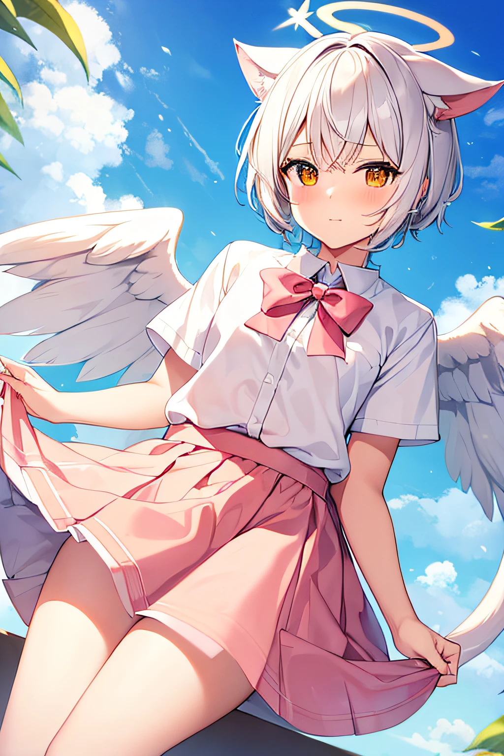 a short white haired catboy, with a cat tail, with angel wings and a orange halo, wearing a white and pink school girl outfit