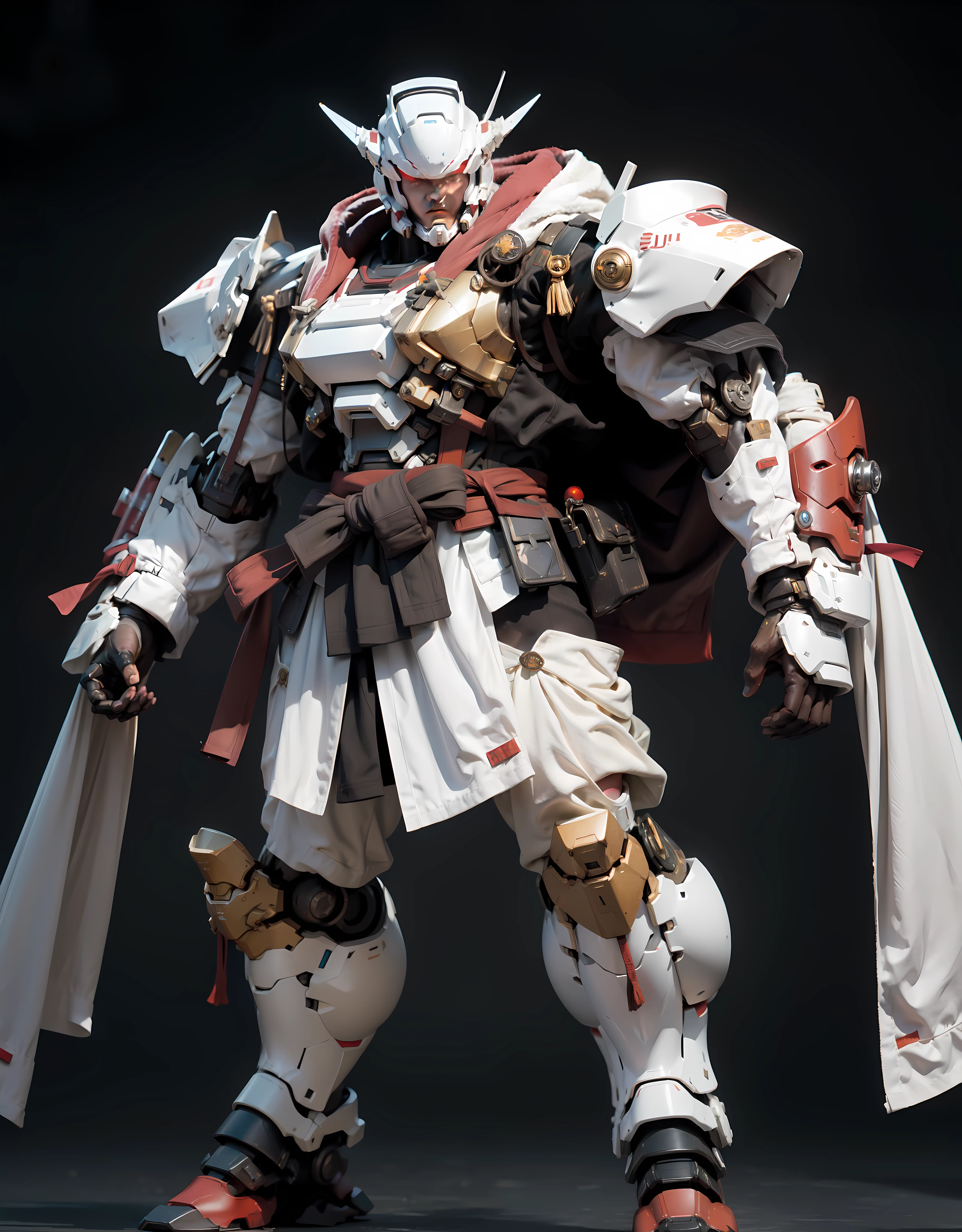 Heavy duty HG00 gundam virtue, ((full body)) samurai element, huge robe ((steel buster)) gundam shape style, bulky, mechanical, muscular, brown and white color, samurai armor, stylish armor design, journal armor, action pose, battlefield background