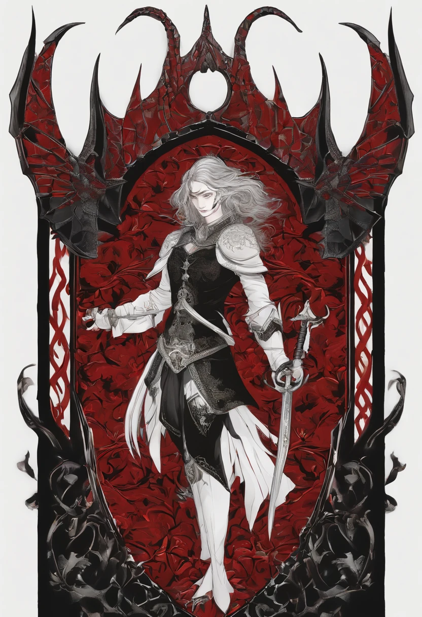 Alta qualidade, HD, illusory world, uma grande torre faz parte da paisagem, Painted sky, grande aura, homem de 21 anos, longos cabelos pretos e brilhantes, ele tem um sorriso gentil, dois pequenos chifres, Black and red armor with a dragon coat of arms, espada longa e detalhada, 8k, personagem original, large scar on face and neck, abdomen shows it, perfect hands, grandes detalhes, luz detalhada, luz perfeita, aura vermelha, olhos azuis, grandes asas nas costas