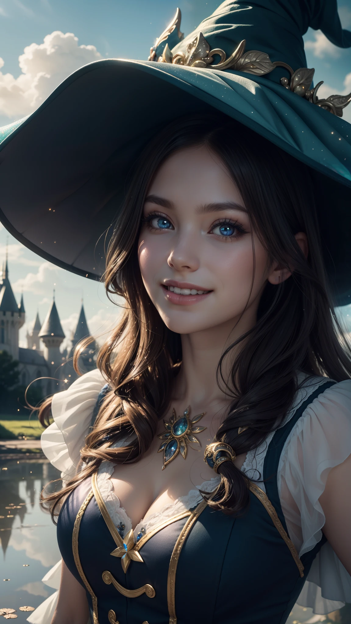 (best quality,4k,8k,highres,masterpiece:1.2), ultra-detailed, (realistic,photorealistic,photo-realistic:1.37), portraits, anime, fantasy, vibrant colors, soft lighting, cute detailed eyes, cute detailed lips, detailed clothing, magical atmosphere, sparkling effects, enchanting background, whimsical world, mystical elements, swirling clouds, whimsical dress, flowing hair, charming smile, delicate features, sparkling dragon, puddle reflection, beautiful witch hat, glossy finish, milk splashes, playful expression, magical girl, fairytale setting, glowing wand, ethereal aura, happy and innocent appearance, captivating composition, sugar-coated clouds, cheerful mood, mystical adventure, magical transformation, dreamy color palette, magical girl outfit, spellbinding scene, glowing eyes, enchanting sky