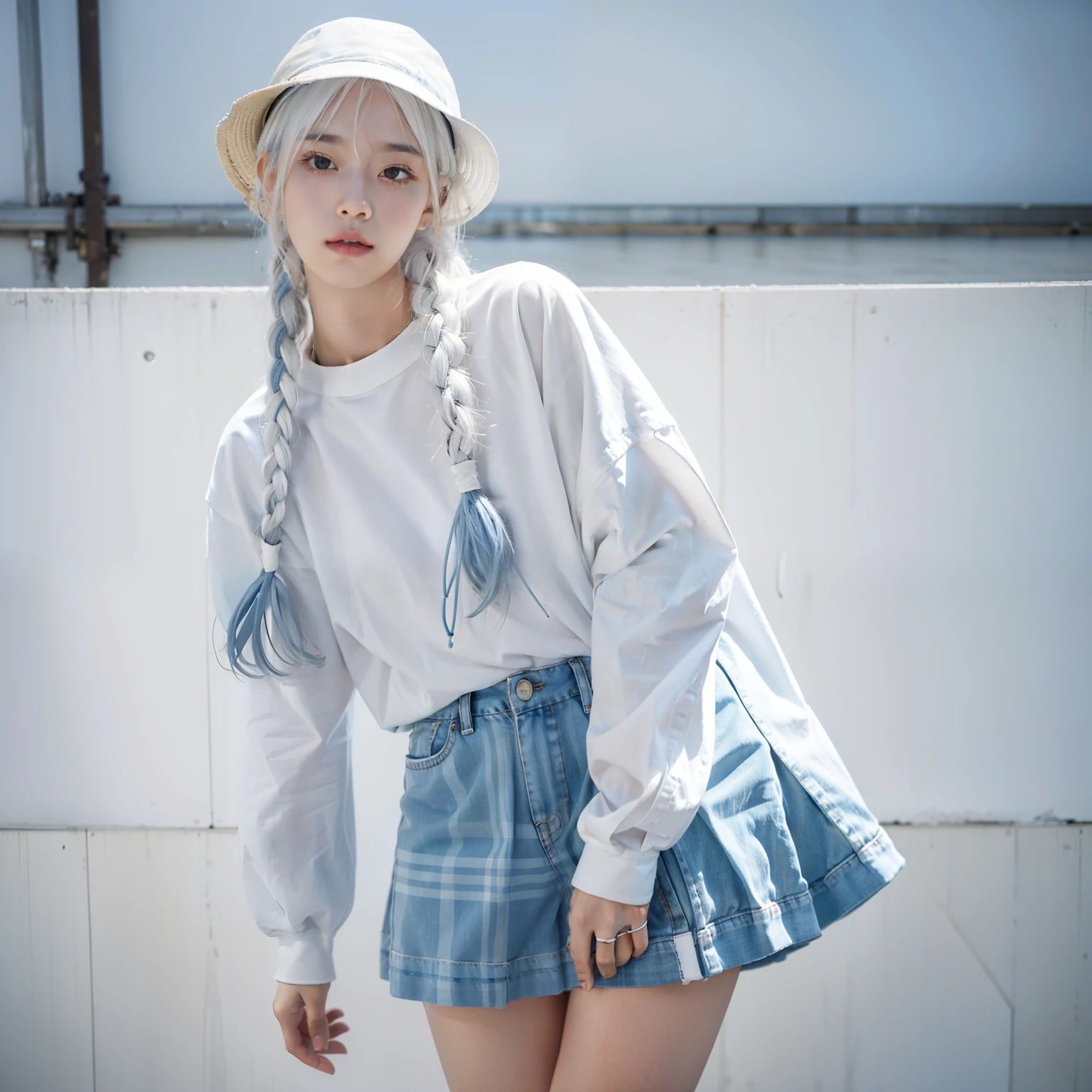 1人の女性、White bucket hat、White hair、Thin two braids、small light blue ribbon with braids,,,、Long white T-shirt、Short skirt with white plaid pattern、White knee-high socks、skinny body、large lips、thick eyebrow、sexypose、long-sleeve、Dancers