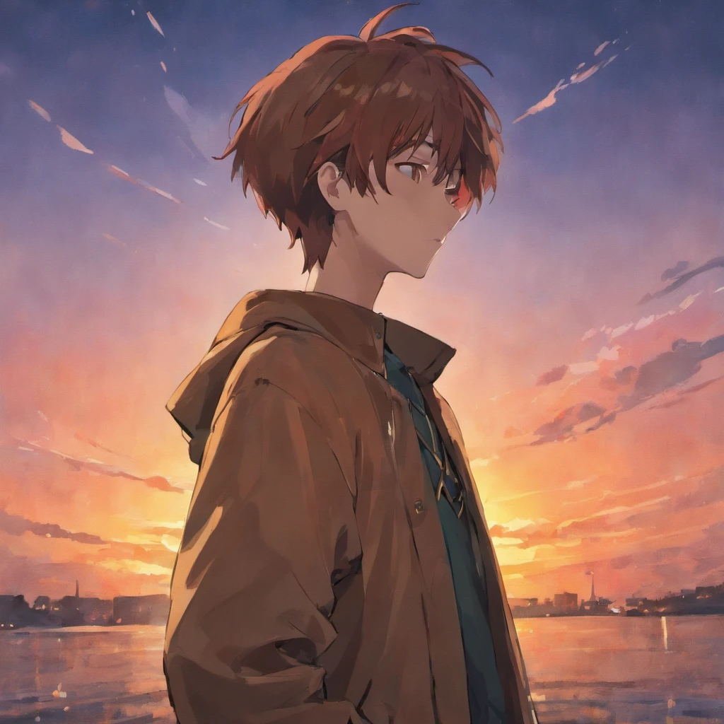 anime young boy with Brown jacket standing in front of a sunset, inspired by Yamagata Hiro, inspired by Munakata Shikō, inspired by Okumura Masanobu, rin, inspired by Okumura Togyu, anime style”, shigenori soejima illustration,