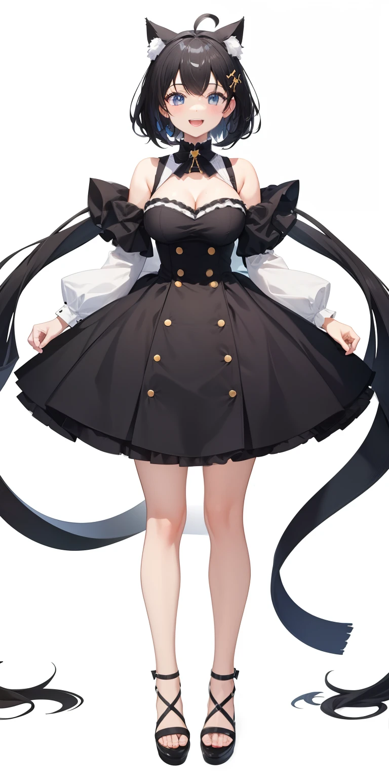 Full body,((Upright)), ((Arms at sides)), Looking at Viewer, simple background、White background, 1girl in, Open mouth, Smile, Virtual Youtuber、girl with、((Best Quality, high_resolution, Distinct_image)),(Black hair), (Black cat ears), (Ahoge), (absurdly short hair), (Wavy Hair), (Blue eyes),、A smile、Very big breasts,(wearing shoes on feet)、concept-art、View Viewer。Clothes with a view of cleavage。