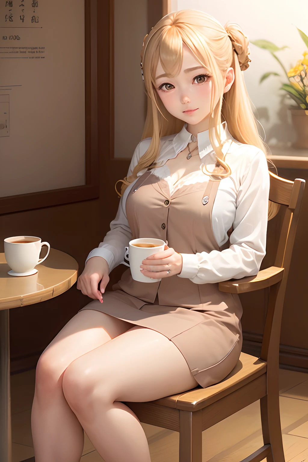 (excellent quality, highly detail, masterpiece), anime girl drink a cup of coffee in the coffee shop, yong beautiful girl, blonde, long hair, she is seated drinking coffee, aromatic coffee, expresso, anime style, studio ghibli