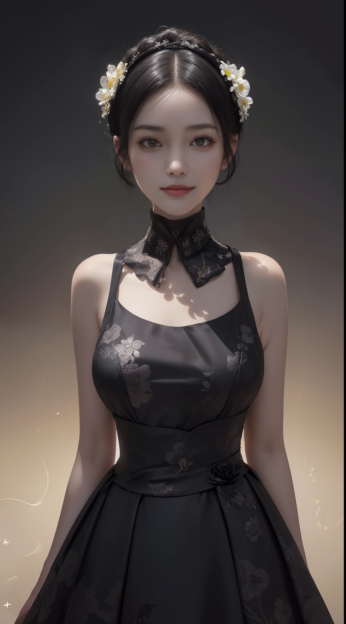 ((Best Quality))), (8K picture quality), ((Masterpiece)), (Very sophisticated、Beautiful fece), (wearing dresses) , (1womanl), (black-short-hair), ((Bright dresses)), with floral pattern, Silk Fabric, 电影灯光, Gentle facial expressions, (A slight smil:1.3), ((lightand shade contrast:1.5)), Abstract background, ((breast)),, ((lowkey))
