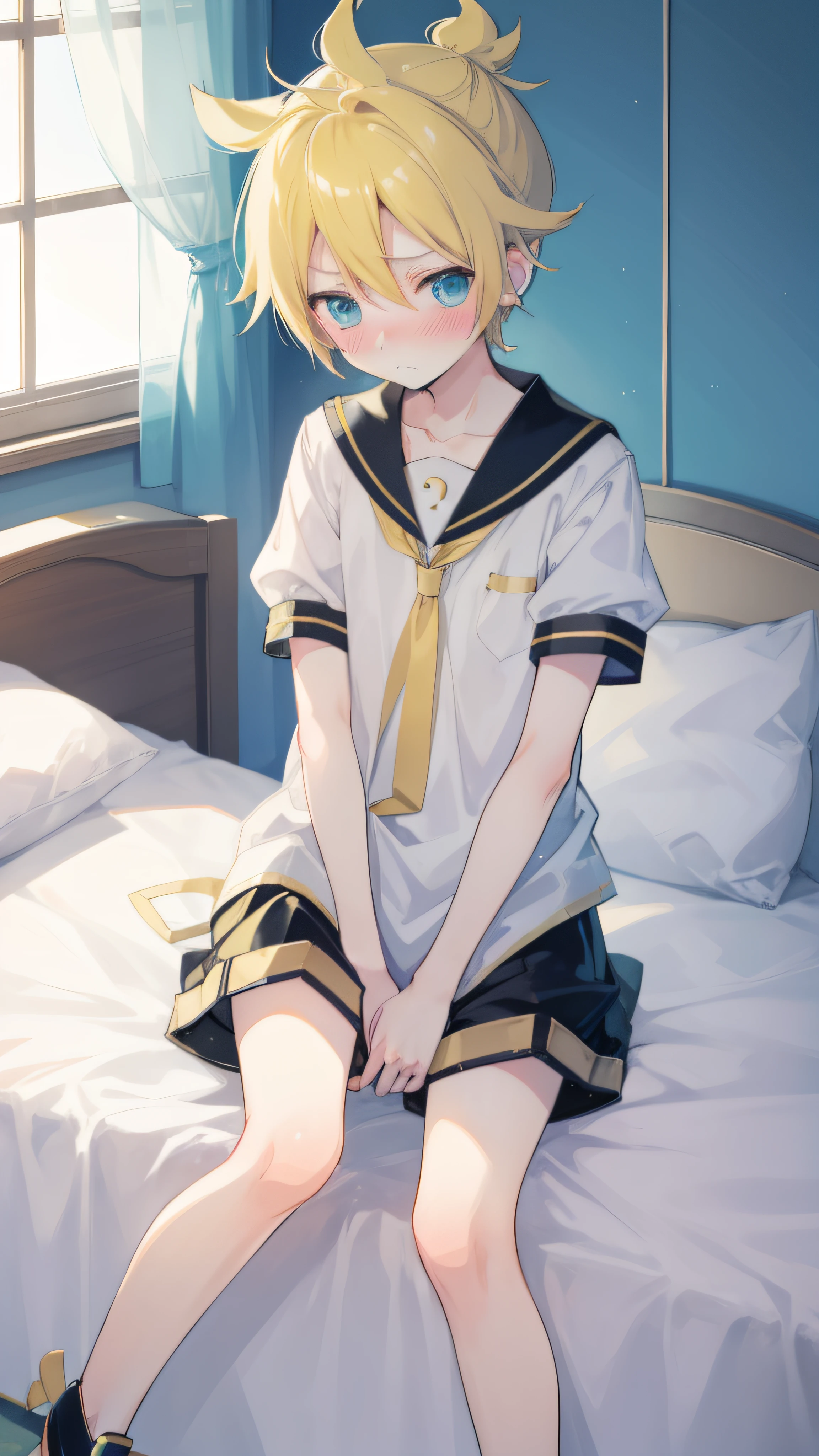 one boy, Kagamine Len, sailor uniform, short pants, sitting on bed, (blush), cowlick, cool, handsome, (embarrassed)