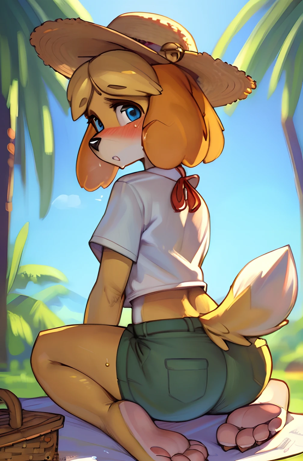 [isaCrossing], [Isabelle; Animal Crossing], [Uploaded to e621.net; (Pixelsketcher), (wamudraws)], ((masterpiece)), ((solo portrait)), ((back view)), ((furry; anthro)), ((detailed fur)), ((detailed shading)), ((beautiful render art)), {anthro; (yellow fur, black nose), small brown eyebrows, cute surprised blue eyes, (surprised expression), (blushing), (sweat on face), blonde hair, fluffy tail, (beautiful feet)}, {(straw hat), (bells on hat), (white button-up shirt), small boobs, (khaki shorts)}, {(sitting on picnic cloth), (looking back), (pigeon-toed)}, [background; (tropical trees), (safari), (sun rays)]