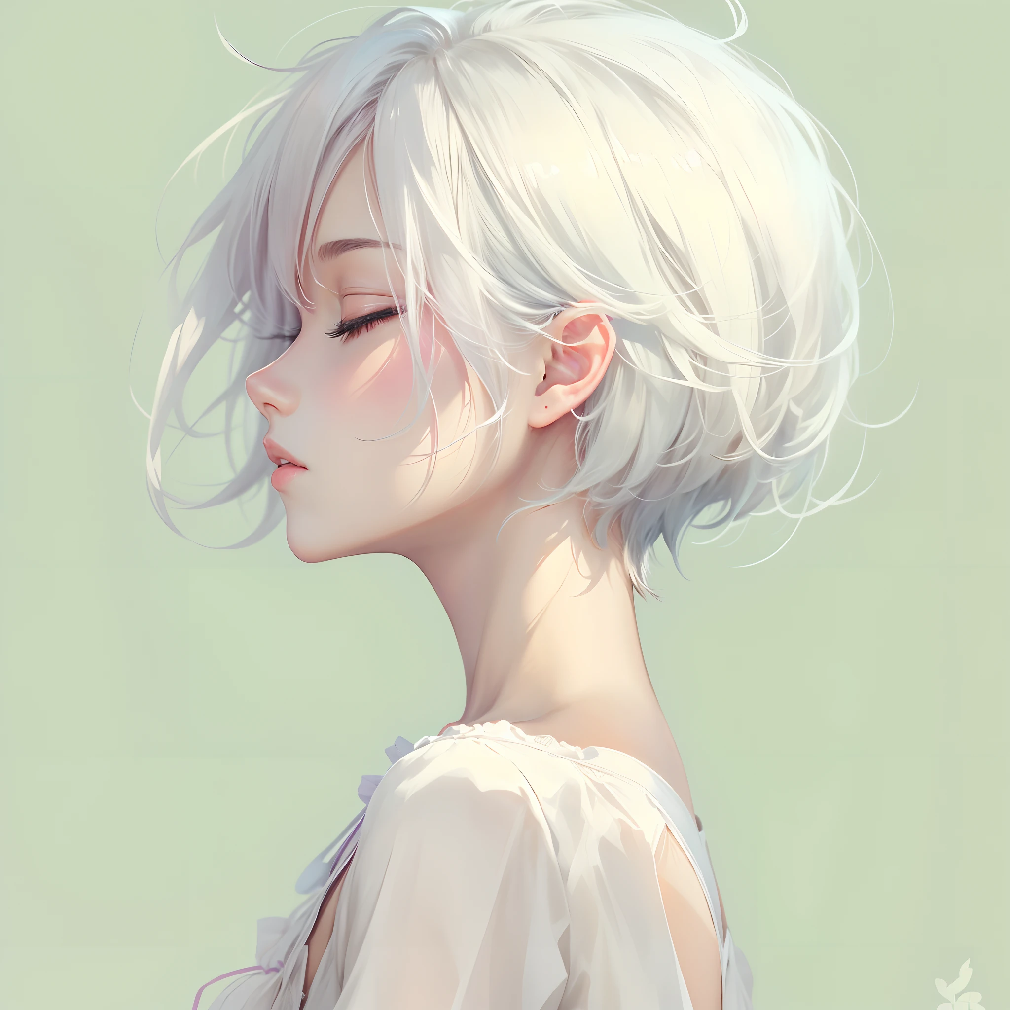 Anime, 1girl, face of a beautiful girl, in profile, closing her eyes, short white hair,