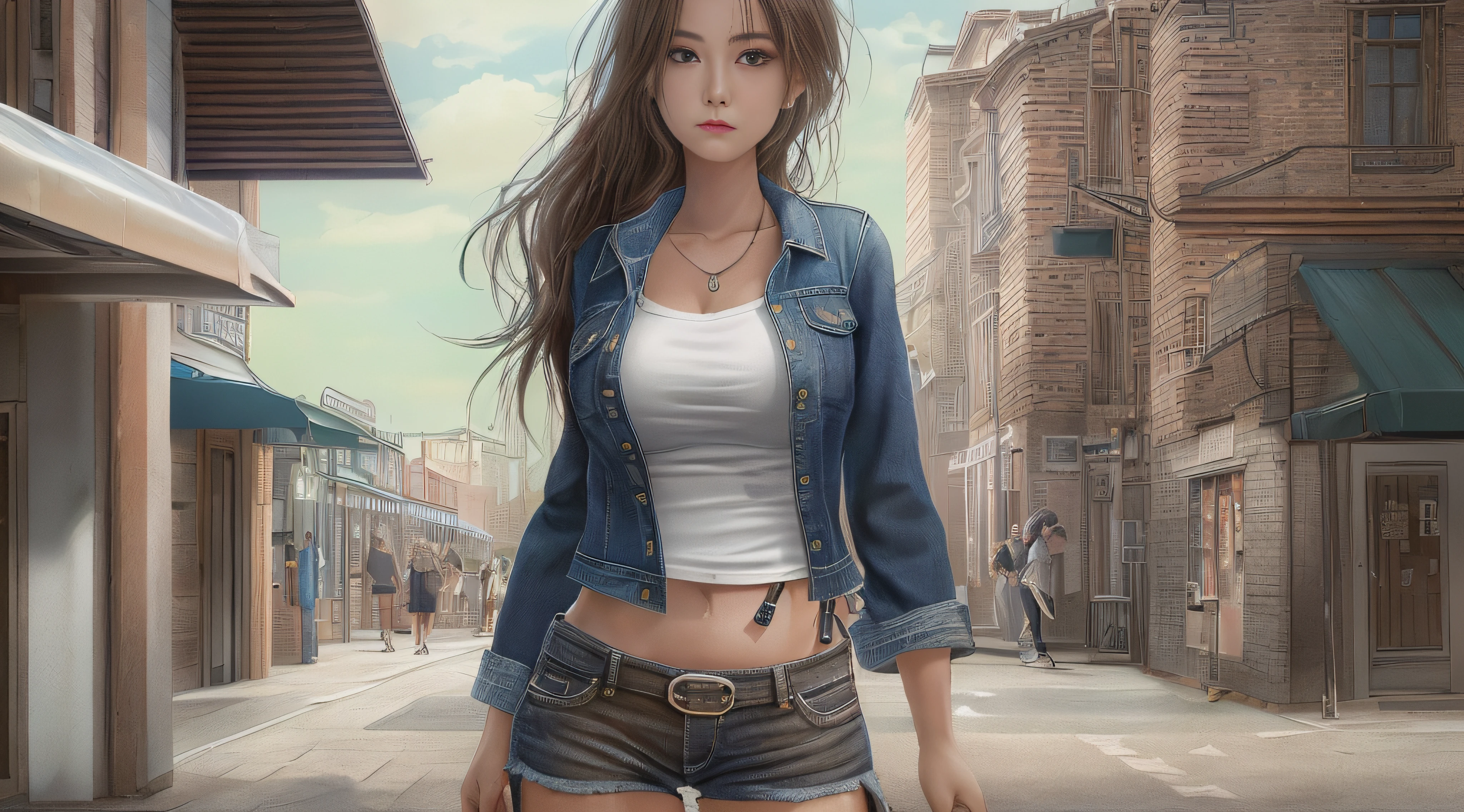 ((midynight, Need, 8K, tmasterpiece:1.3)), full bodyesbian, Long legs, Focalors:1.2, perfect figure beautiful woman:1.4, Slim abs:1.1, ((Dark brown hair, huge tit:1.2 )), (white tight t-shirt, Denim suspenders, standing on your feet:1.2), ((urban street scene, the roof:1.3)), Highly detailed facial and skin texture, A detailed eye, 二重まぶた