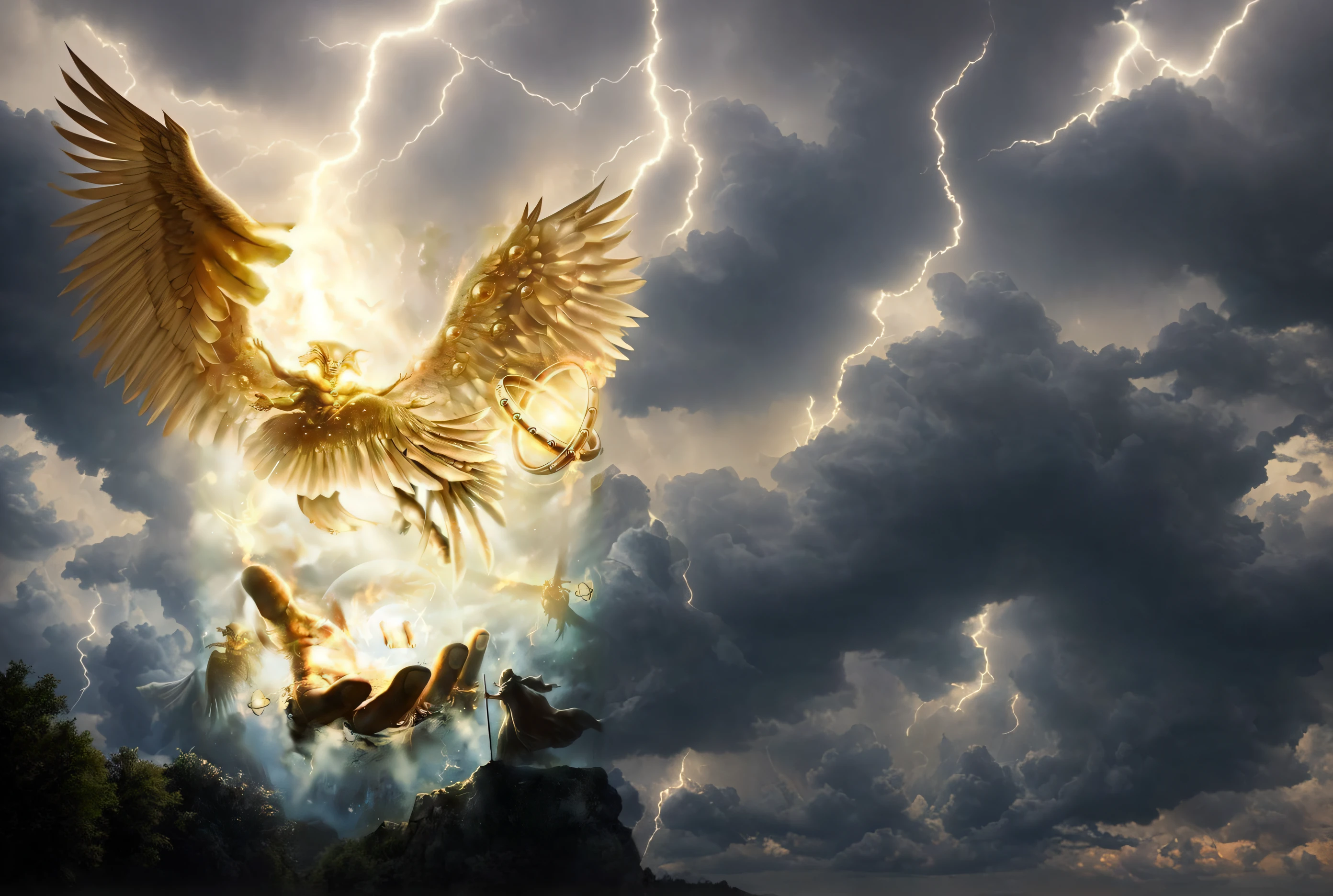 photorealism of the ultra realistic prophet Ezekiel, observing seraphim and cherubim in a sky of clouds full of lightning, the best photo possible