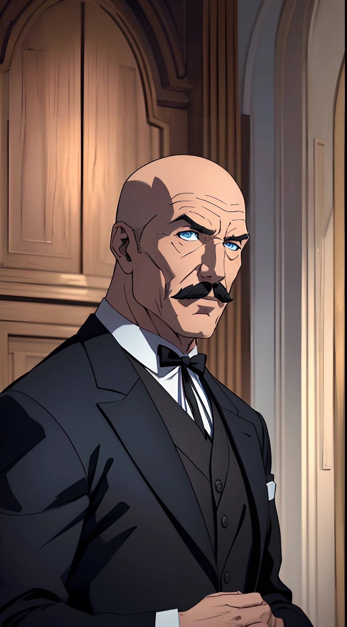 1 man, solo, Alfred Pennyworth, mature male, thin, male focus, elder man, black with grey hair, bald head with hair on the sides, blue eyes, grey moustache, face focus, black butler suit, hands behind the back, elegant, upper body shot, low camera angle, indoors, ((masterpiece)), nightime