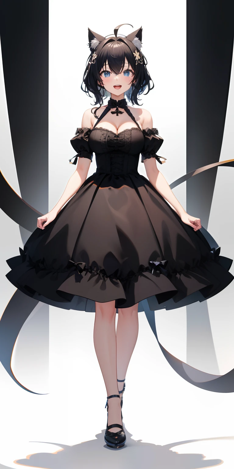 Full body,((Upright)), ((Arms at sides)), Looking at Viewer, simple background、White background, 1girl in, Open mouth, Smile, Virtual Youtuber、girl with、((Best Quality, high_resolution, Distinct_image)),(Black hair), (Black cat ears), (Ahoge), (absurdly short hair), (Wavy Hair), (Blue eyes),、A smile、Very big breasts,(wearing shoes on feet)、concept-art、View Viewer。Clothes with a view of cleavage。