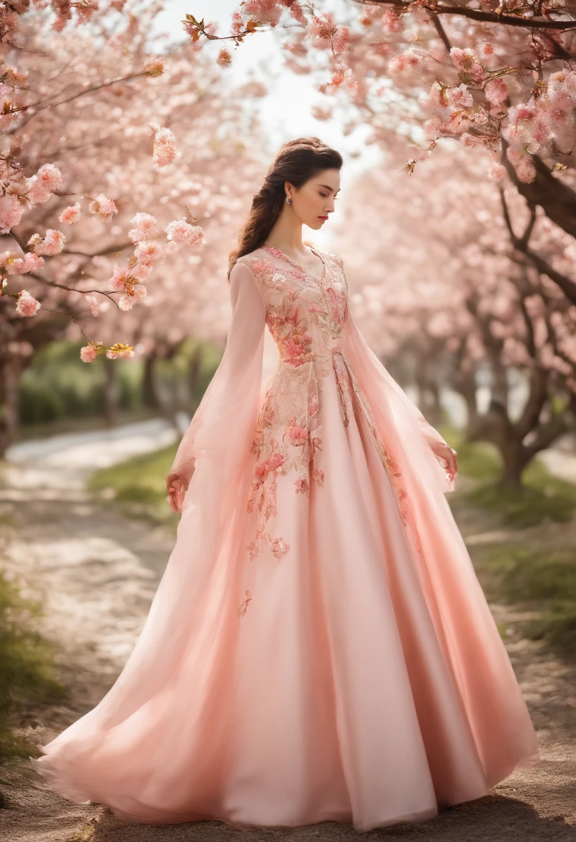 Costume girl,Everyone wore light pink peach blossom embroidered dresses