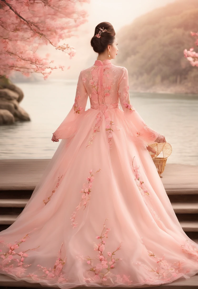 Costume girl,Everyone wore light pink peach blossom embroidered dresses