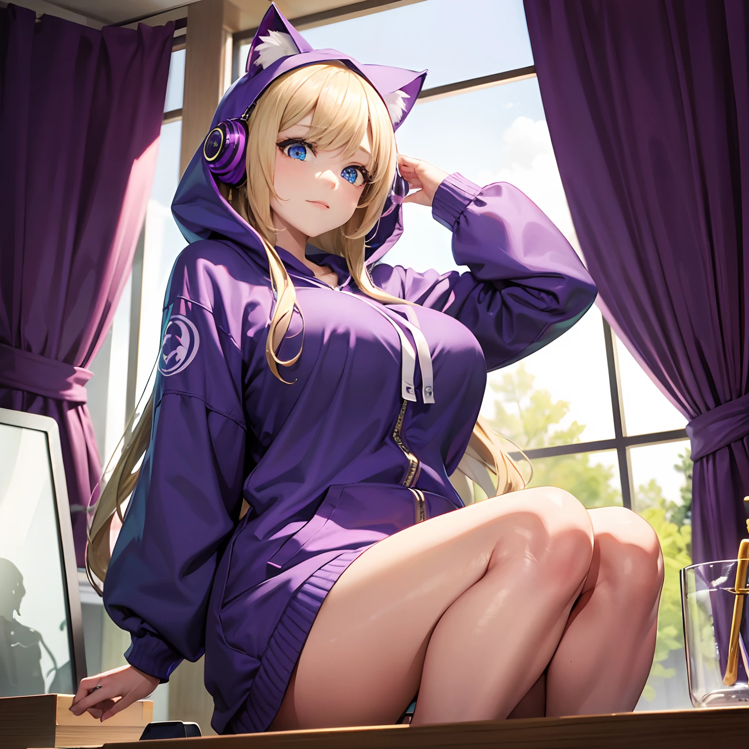 one girl,blonde hair,head phone,purple cat parker,hoods:2,huge tit,one room,morning,masutepiece,Best Quality,ultra-detailliert,Two hands,Two legs,5 digits,best faces