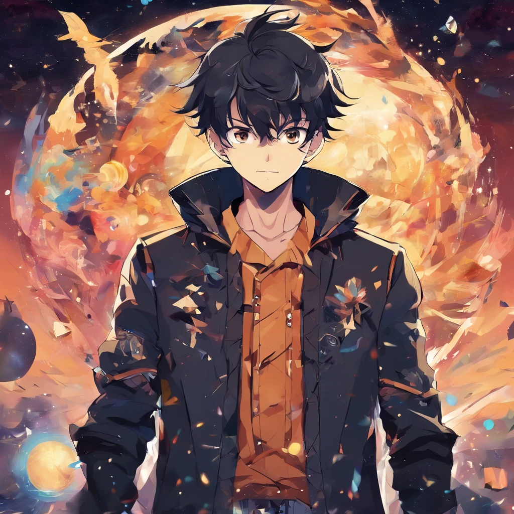 anime young boy with Brown jacket standing in front of a Universe, inspired by Yamagata Hiro, inspired by Munakata Shikō, inspired by Okumura Masanobu, rin, inspired by Okumura Togyu, anime style”, shigenori soejima illustration,