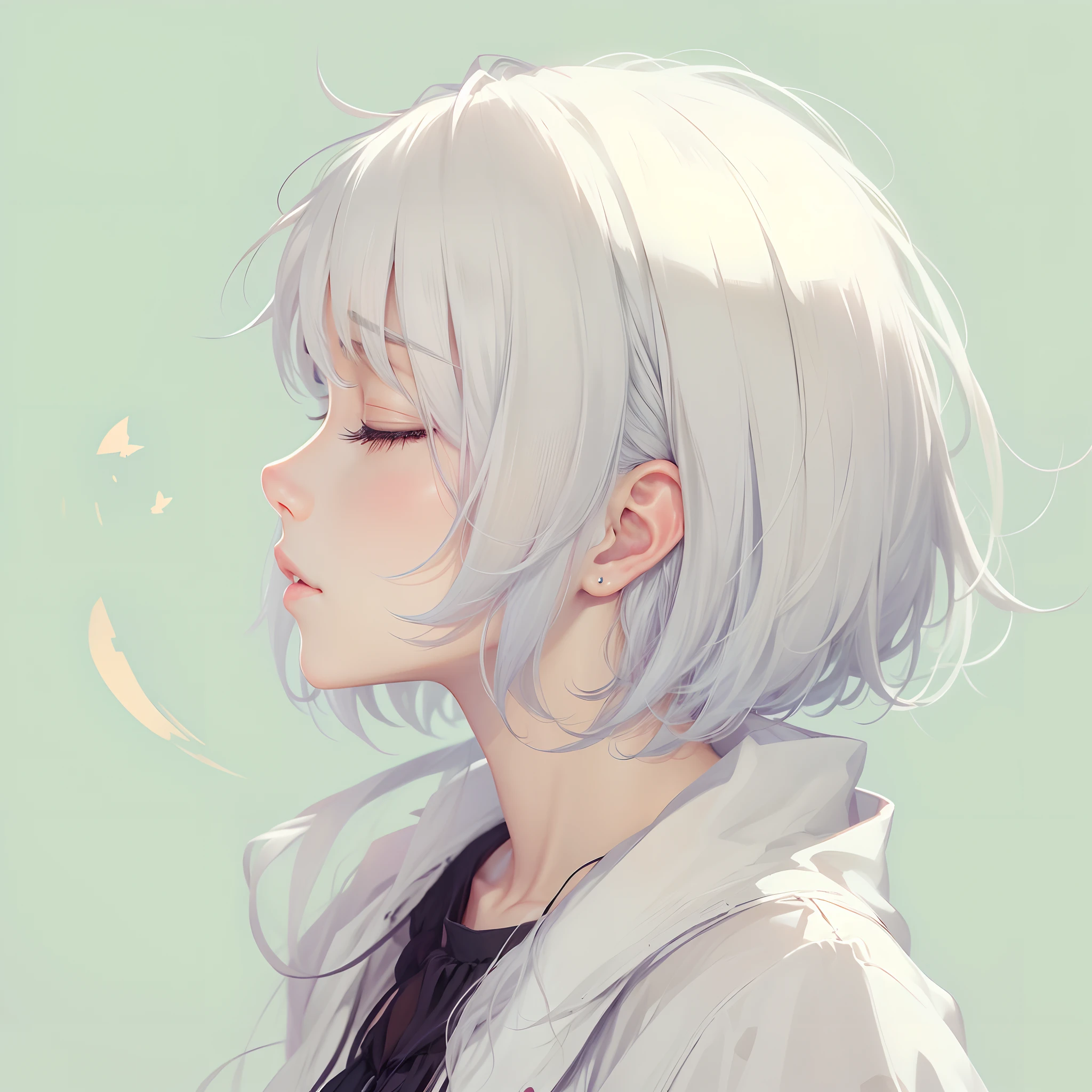 Anime, 1girl, face of a beautiful girl, in profile, closing her eyes, short white hair,