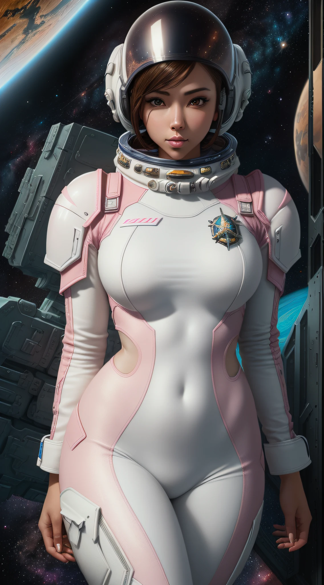 "(Highest image quality), (incredibly detailed), (photo-realistic:1.1) depicting a female space marine cadet, skin tight skimpy space suit, white and pink space suit, erotic, seductive, sleek futuristic helmet, beautiful face, space, universe, strange planet."