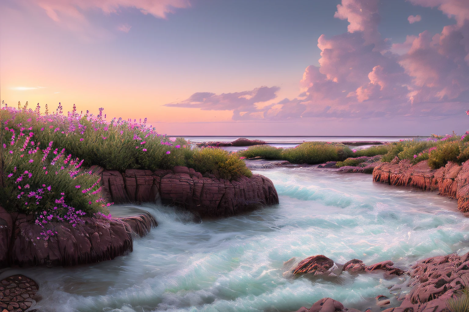 paysage mer, Eau cristalline,coucher du soleil,fleurs,(Highly detailed CG Unit 8k wallpaper), The most beautiful work of art in the world, Professional majestic oil painting, complexe, High detail, mise au point nette, dramatique, Art of photorealist painting,