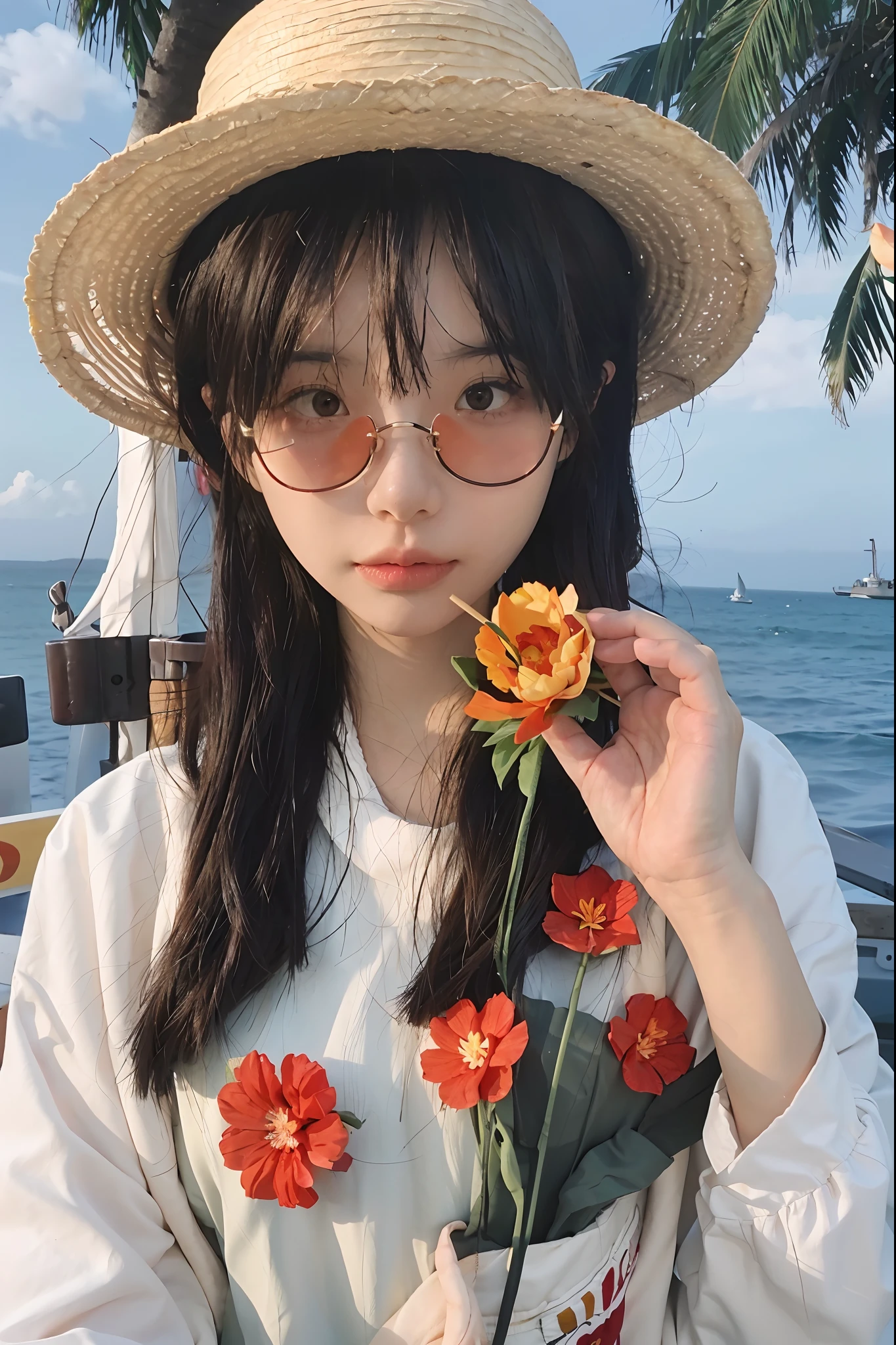 1girll, Solo, Extremely detailed eyes, starfish, seashell, shells, flower, Hat, hair adornments, jewelry, Straw hat, view the viewer, sunglasses, hatflower, drinking straw, hair pin, Earrings, Red flower, Colored glasses, yellowflower, bangs, English text, multicolored hair, orangeflower, Black hair, ring, Ccup, Long hair, orange-tinted eyewear, food, Brown hair, Portrait, shell hair ornament