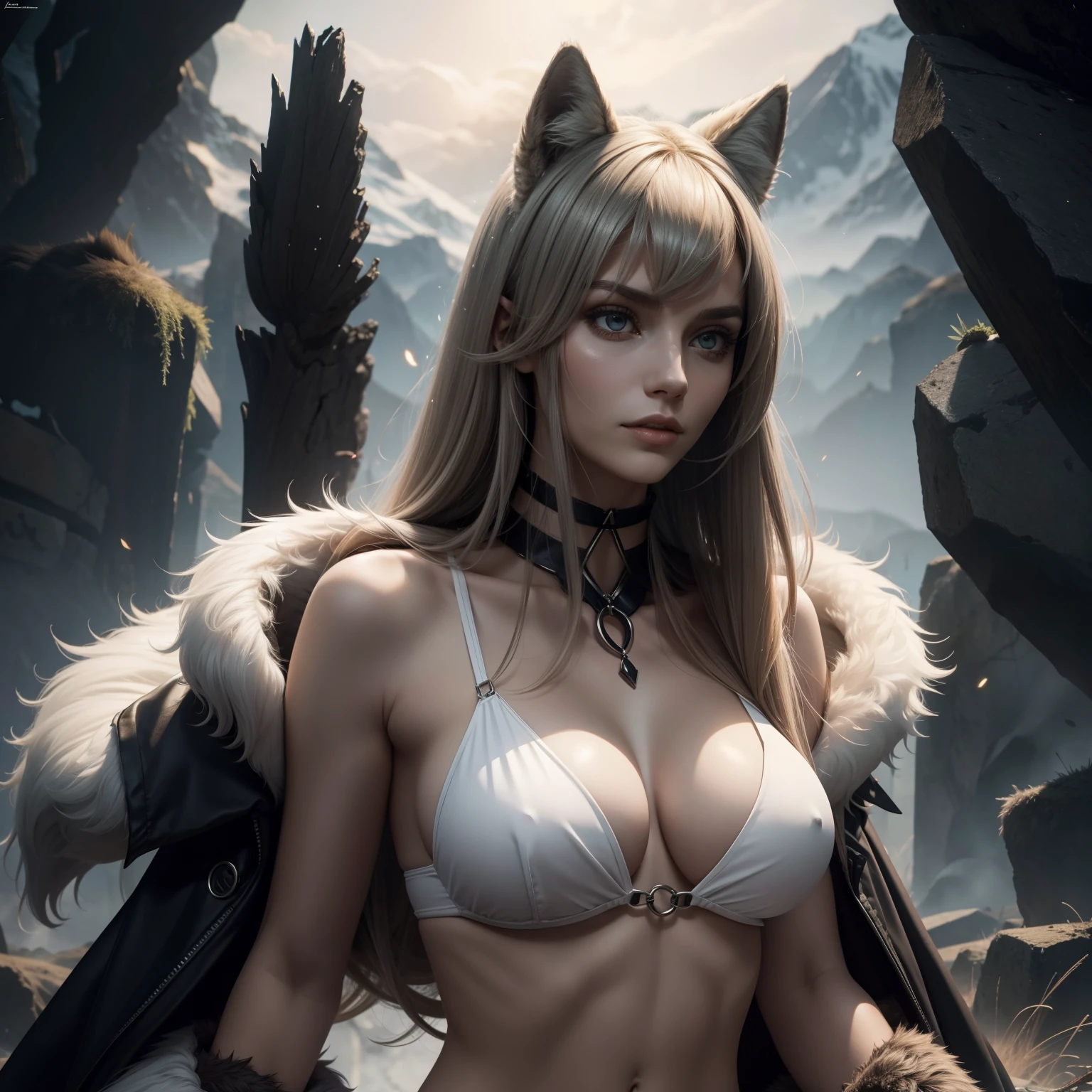 Frau ist Werwolf, body of a young woman, medium round breasts, slender body (hohe Details), Body is covered by fur, helles Fell, Wolfgesicht, lange Haare, tolles Licht,
