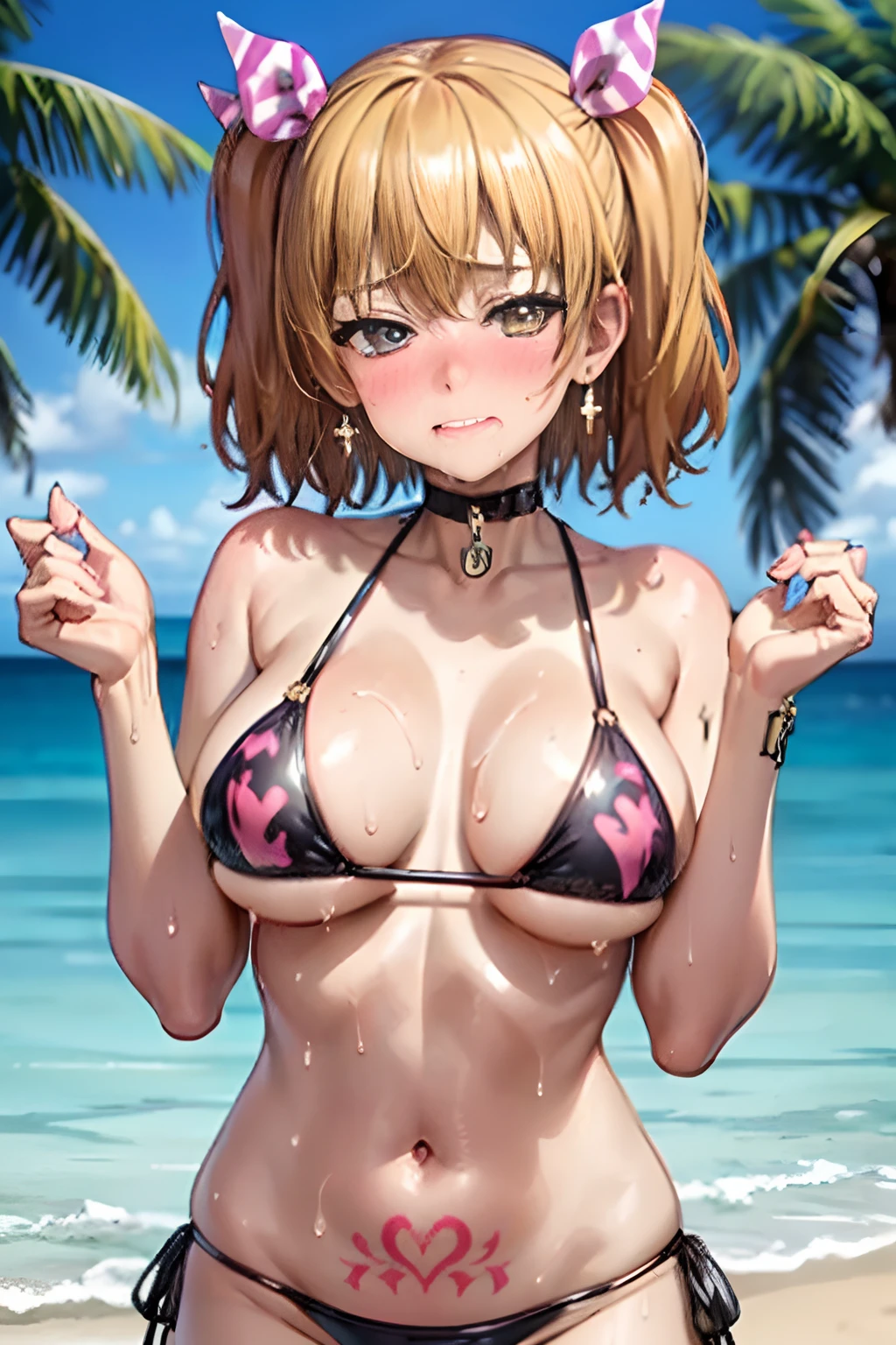 (best quality:1.1), masterpiece, hair ribbon, cross earrings, blonde hair, (large breasts:1.3), (wet skin:1.2), (sweat:1.3), (hand on mouth), cute pattern bikini, beach,  water, water reflection, palm tree, (embarrassed:1.3), (blush:1.2), looking at viewer, licking finger, black makeup, black choker, tattoo