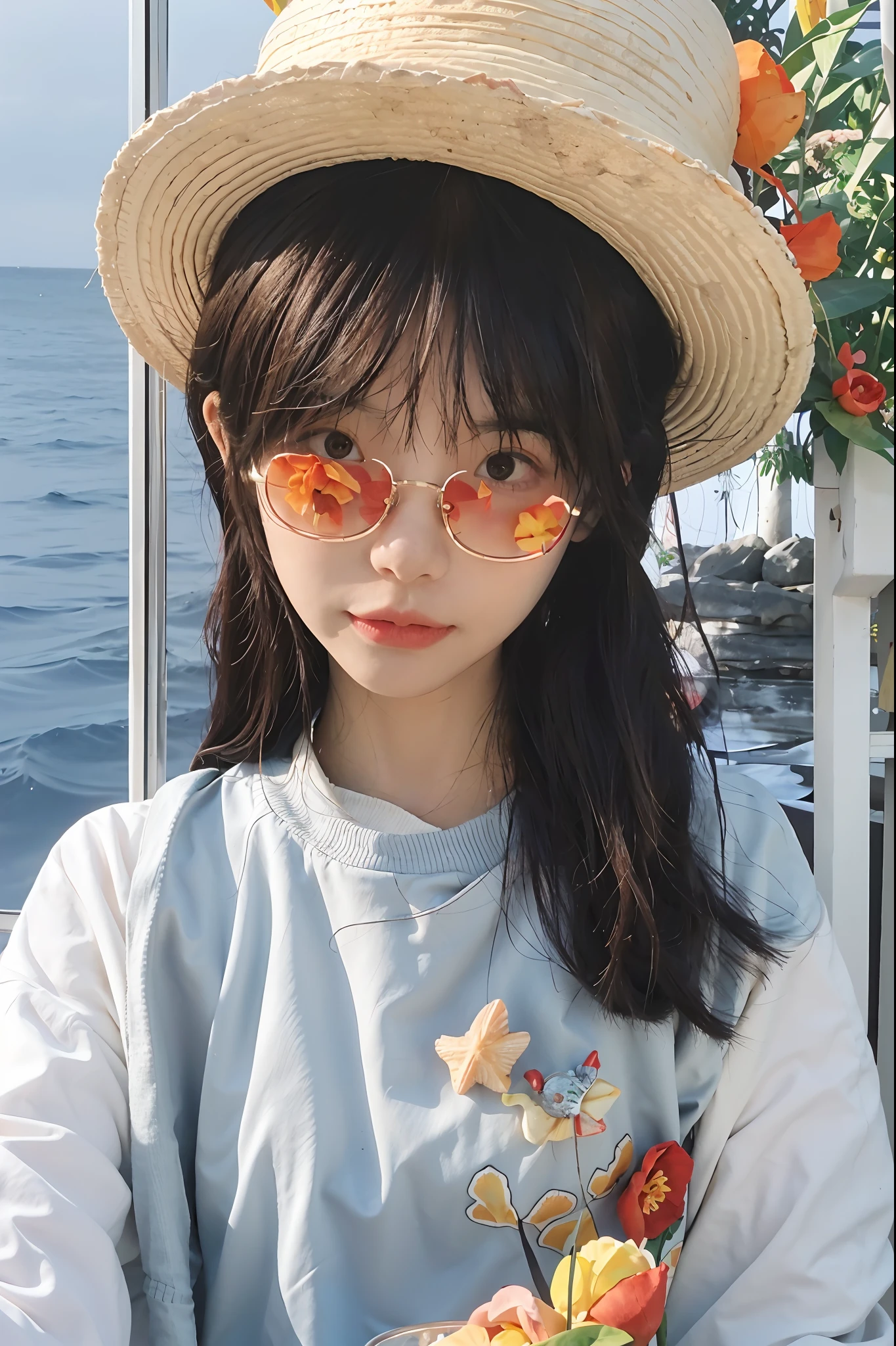 1girll, Solo, Extremely detailed eyes, starfish, seashell, shells, flower, Hat, hair adornments, jewelry, Straw hat, view the viewer, sunglasses, hatflower, drinking straw, hair pin, Earrings, Red flower, Colored glasses, yellowflower, bangs, English text, multicolored hair, orangeflower, Black hair, ring, Ccup, Long hair, orange-tinted eyewear, food, Brown hair, Portrait, shell hair ornament