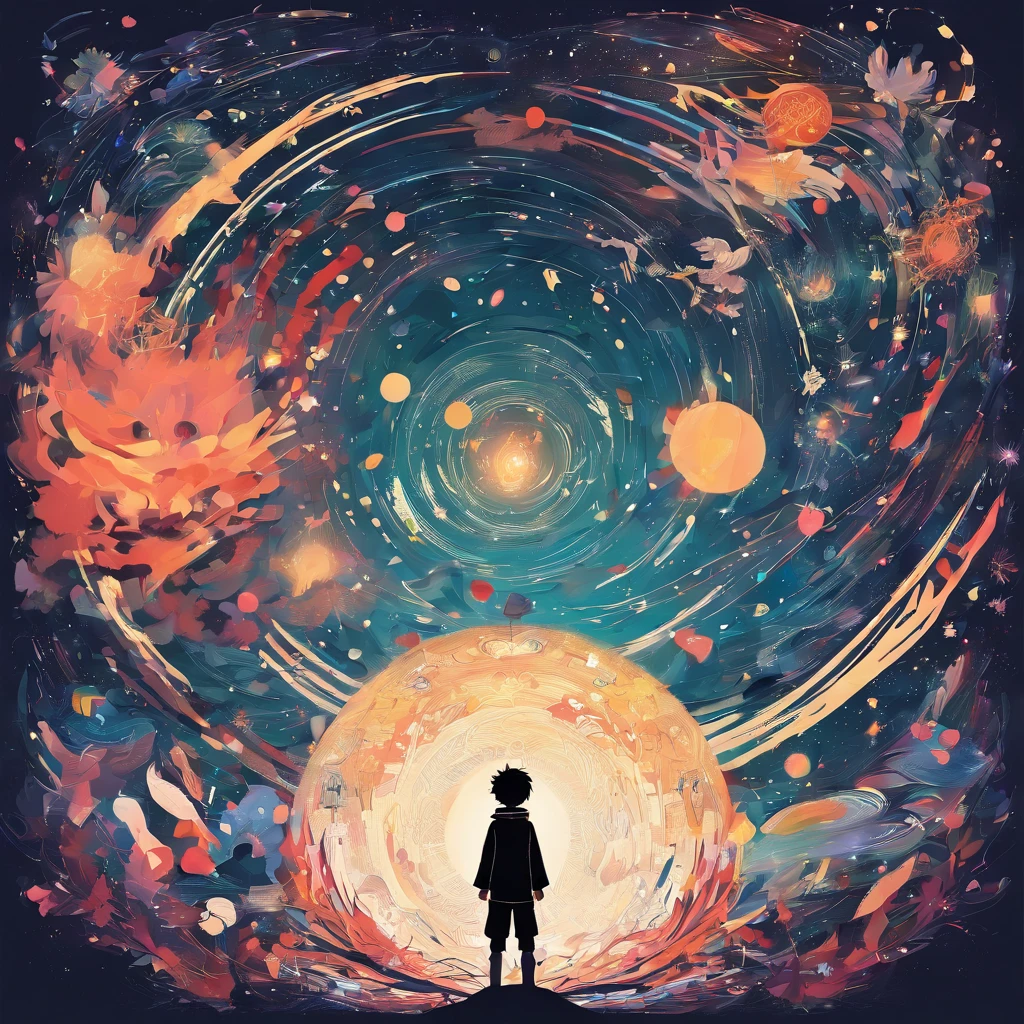 anime young boy standing in front of a Universe, inspired by Yamagata Hiro, inspired by Munakata Shikō, inspired by Okumura Masanobu, rin, inspired by Okumura Togyu, anime style”, shigenori soejima illustration,