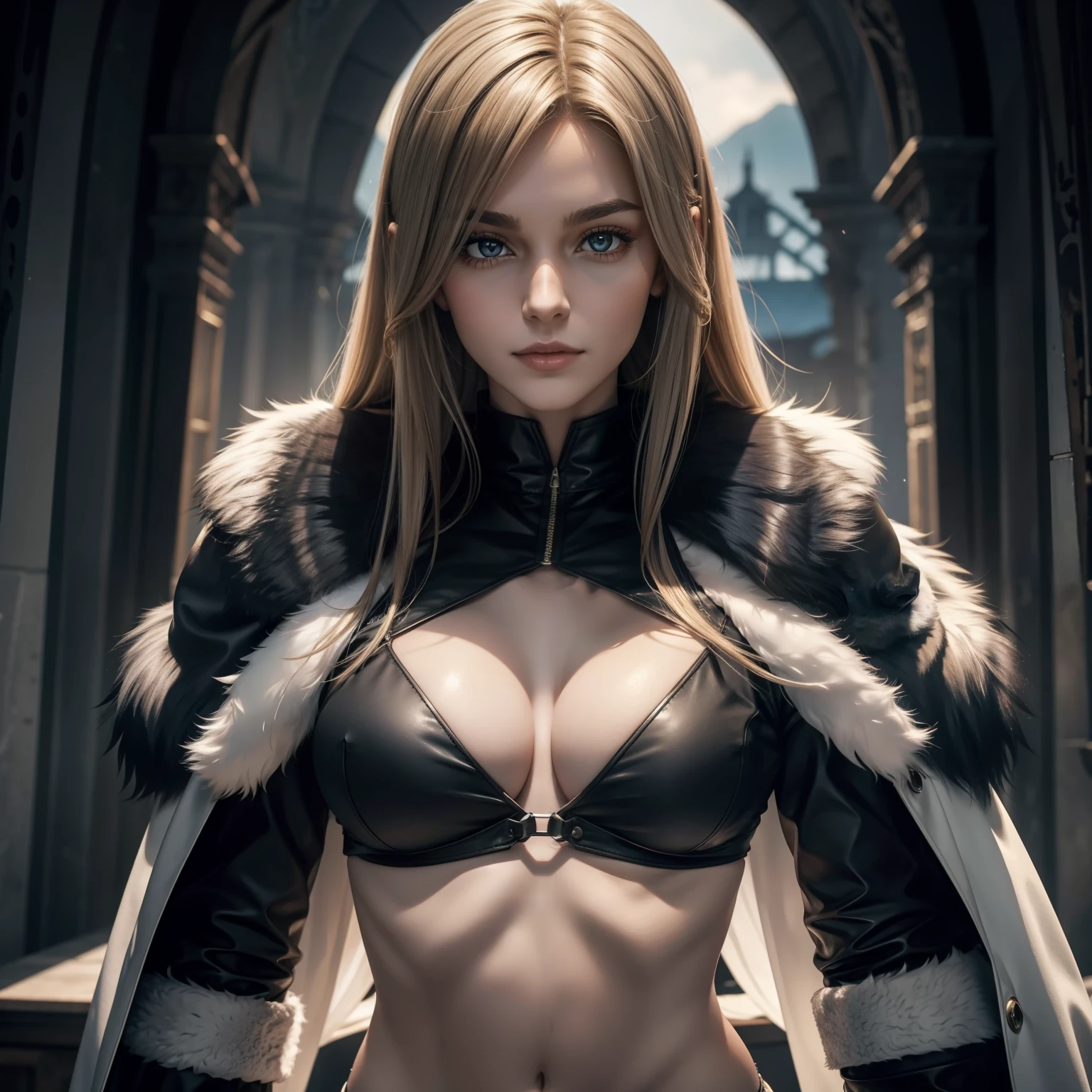 Frau ist Werwolf, body of a young woman, medium round , slender body (hohe Details), Body is covered by fur, helles Fell, Wolfgesicht, lange Haare, tolles Licht,
