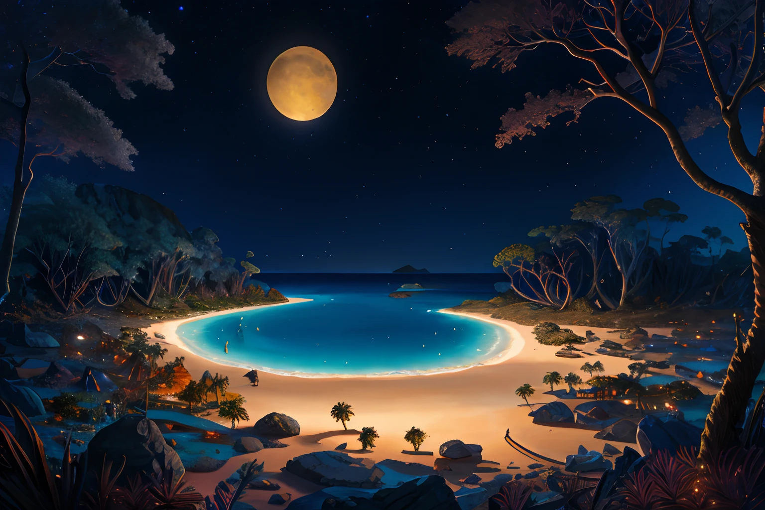 mystical landscape of a deserted island, illuminated by the moonlight glinting off the driftwood and branches that have been washed ashore in the forest. intricate detailed texture, intricate detail, mezzotint add oil painting coloring, 16k, high contrast, insane details of perfection, (from above),