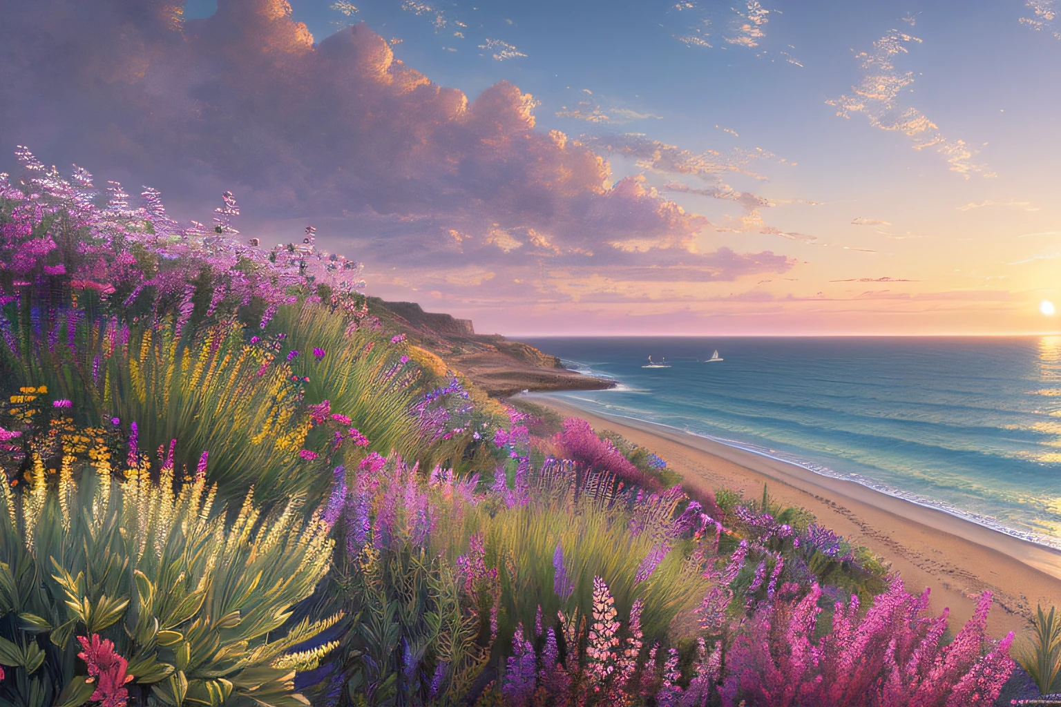 paysage mer, Eau,coucher du soleil,fleurs,(Highly detailed CG Unit 8k wallpaper), The most beautiful work of art in the world, Professional majestic oil painting, complexe, High detail, mise au point nette, dramatique, Art of photorealist painting,